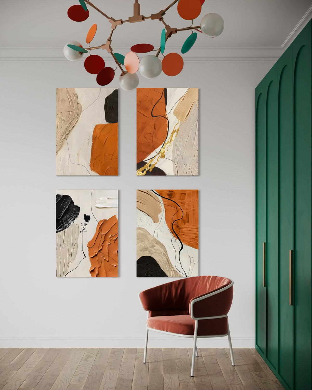Set di 4 stampe astratte incorniciate: arancione, beige, dettagli oro, telaio nero