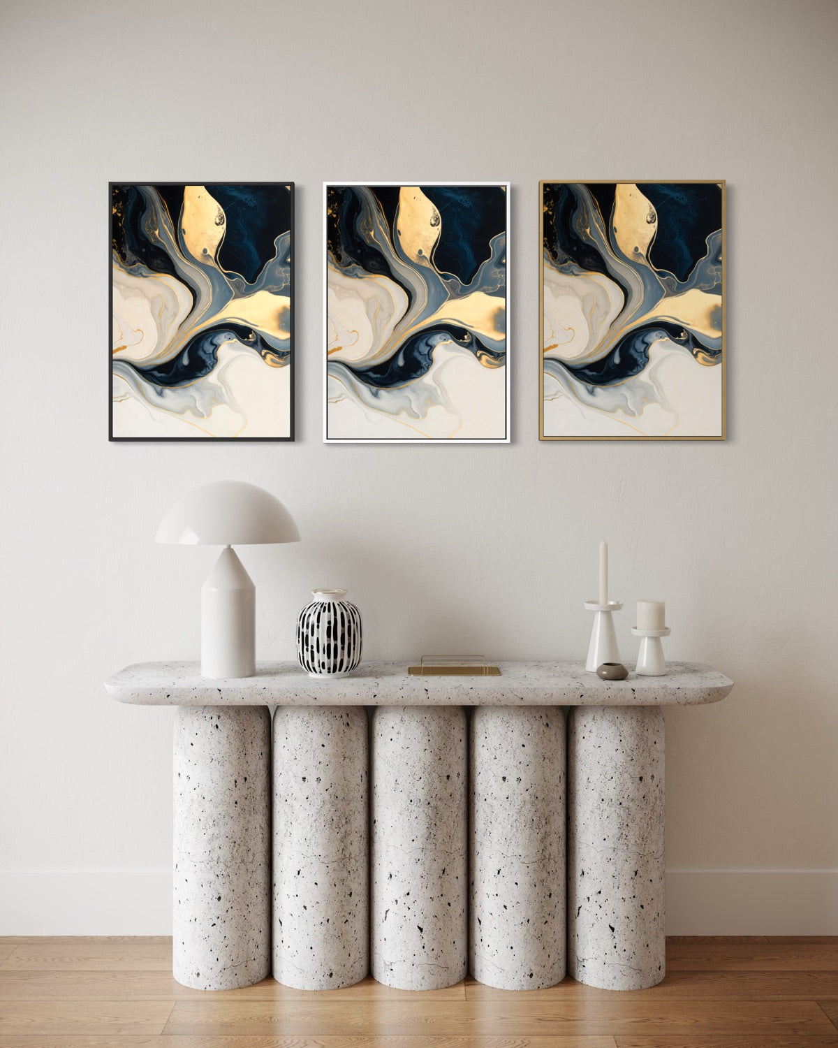 Set di 3 stampe artistiche con cornici nere, onde gialle e blu su fondo chiaro