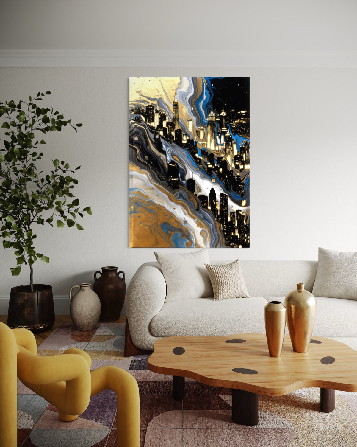 Quadro Flow Metropolitano con skyline astratto blu e oro, dettagli scuri