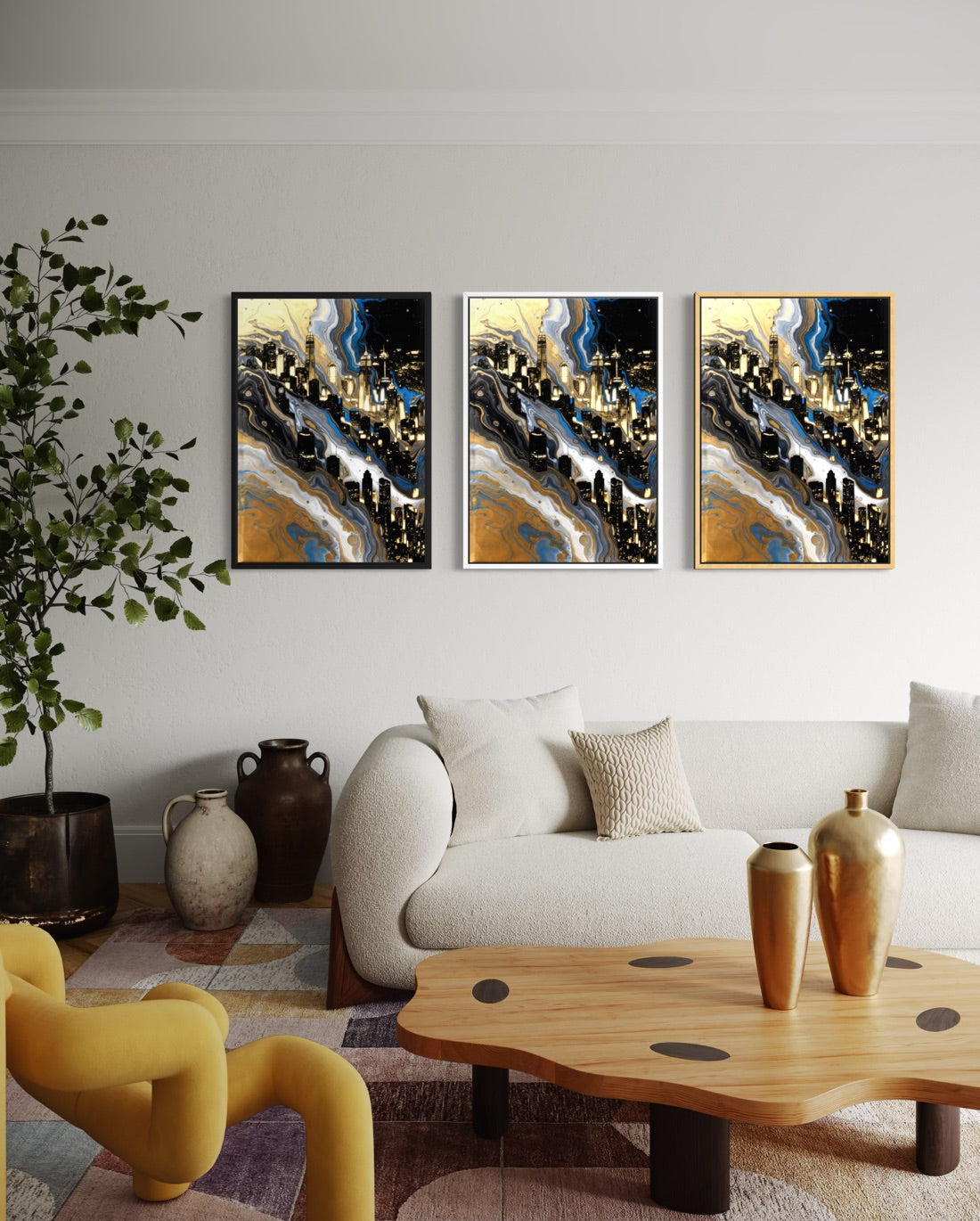 Set di 3 stampe incorniciate con skyline astratto blu e oro