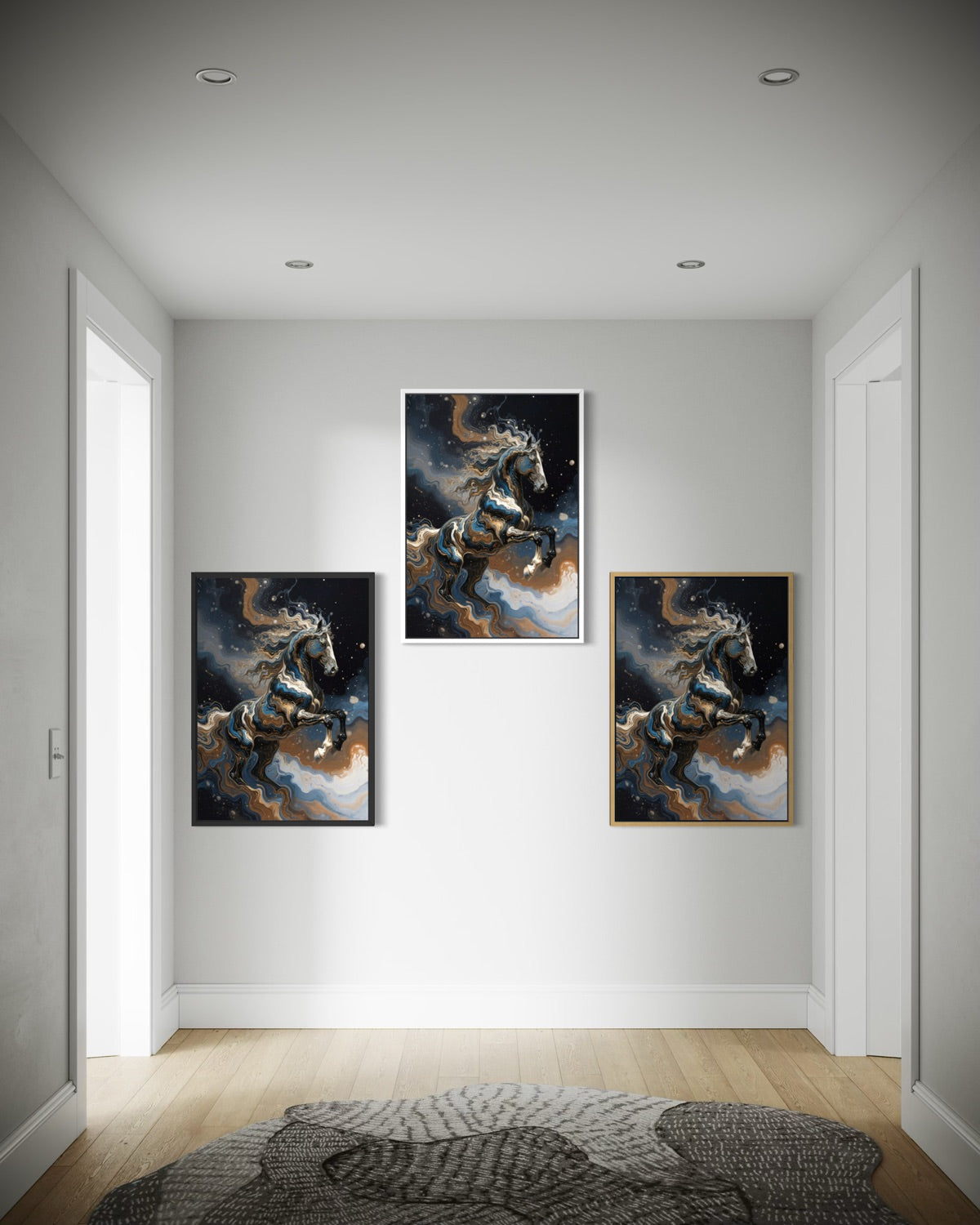 Set di 3 stampe incorniciate con destrieri astratti blu e oro su sfondo scuro