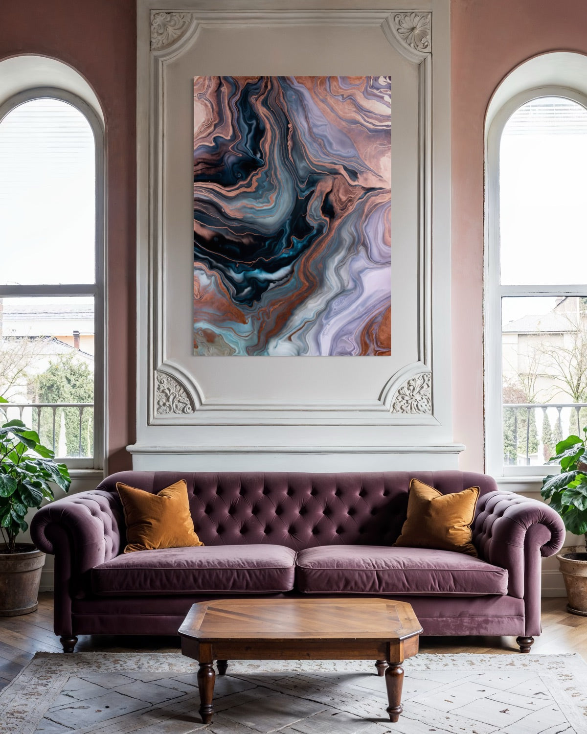 Stampa artistica incorniciata con cornice bianca e motivo astratto marezzato blu-rosa