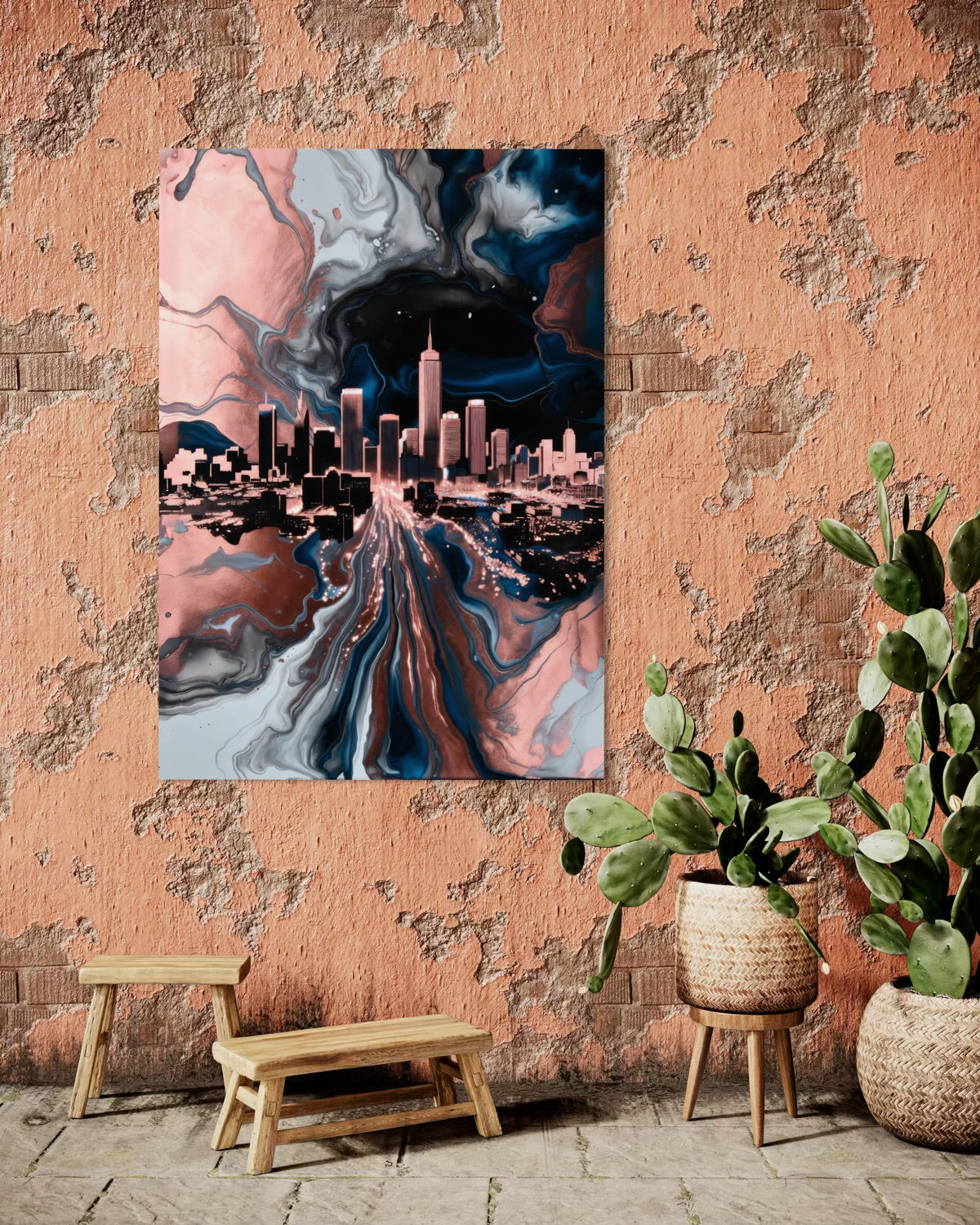 Stampa incorniciata con flusso blu e rosa e skyline scuro