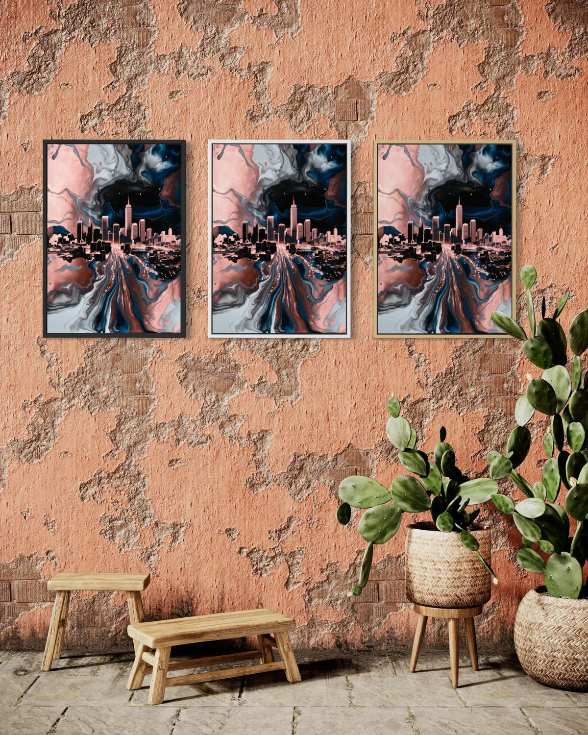 Set di tre stampe incorniciate con flusso blu e rosa e skyline scuro