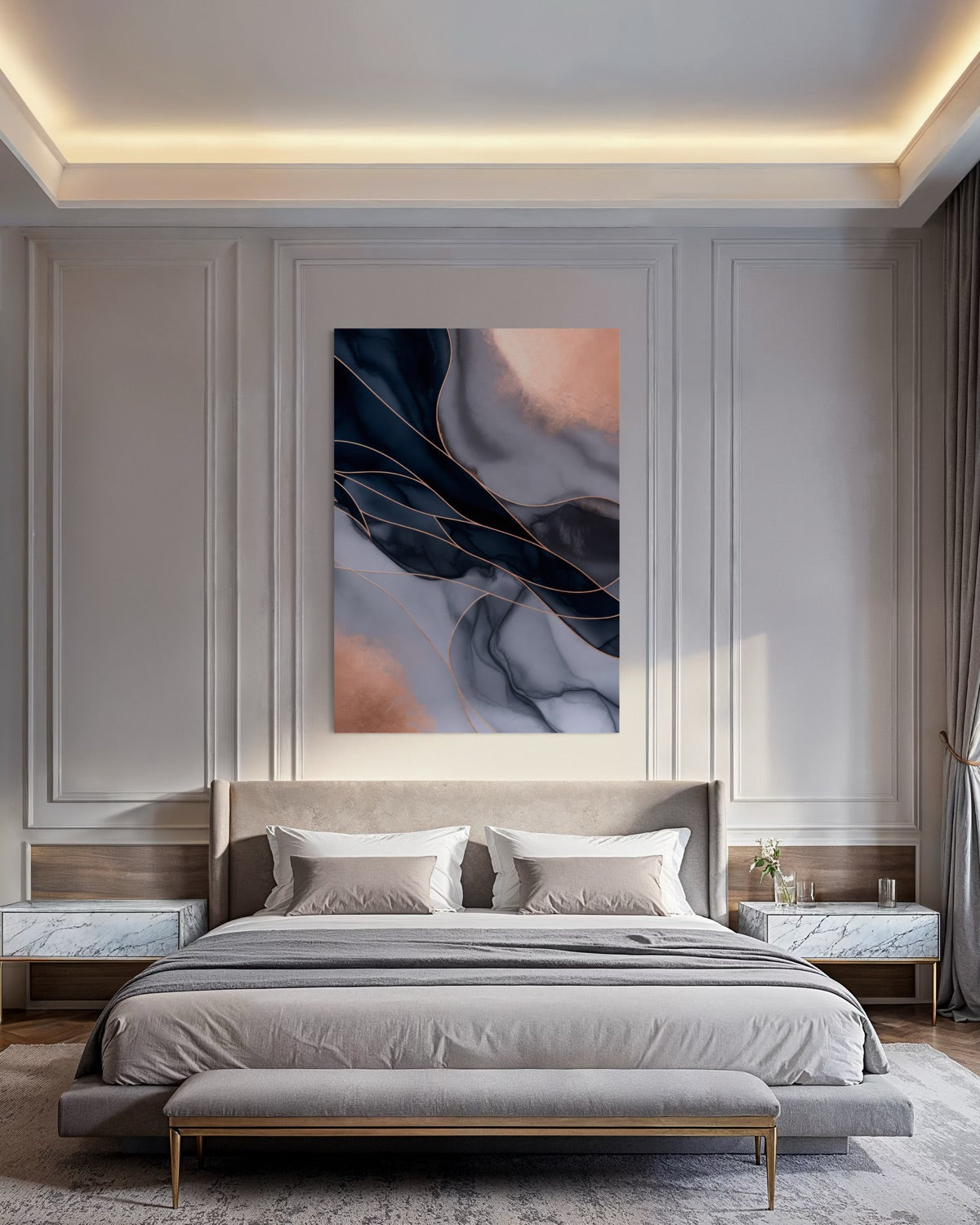 Quadro astratto con motivo intrecciato e cornice scura, su sfondo chiaro