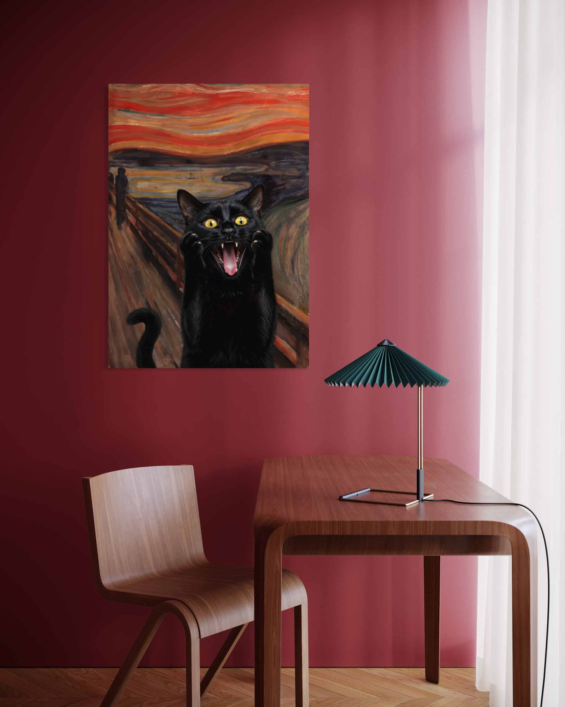 Stampa incorniciata con gatto nero, sfondo arancio e blu, cornice rossa