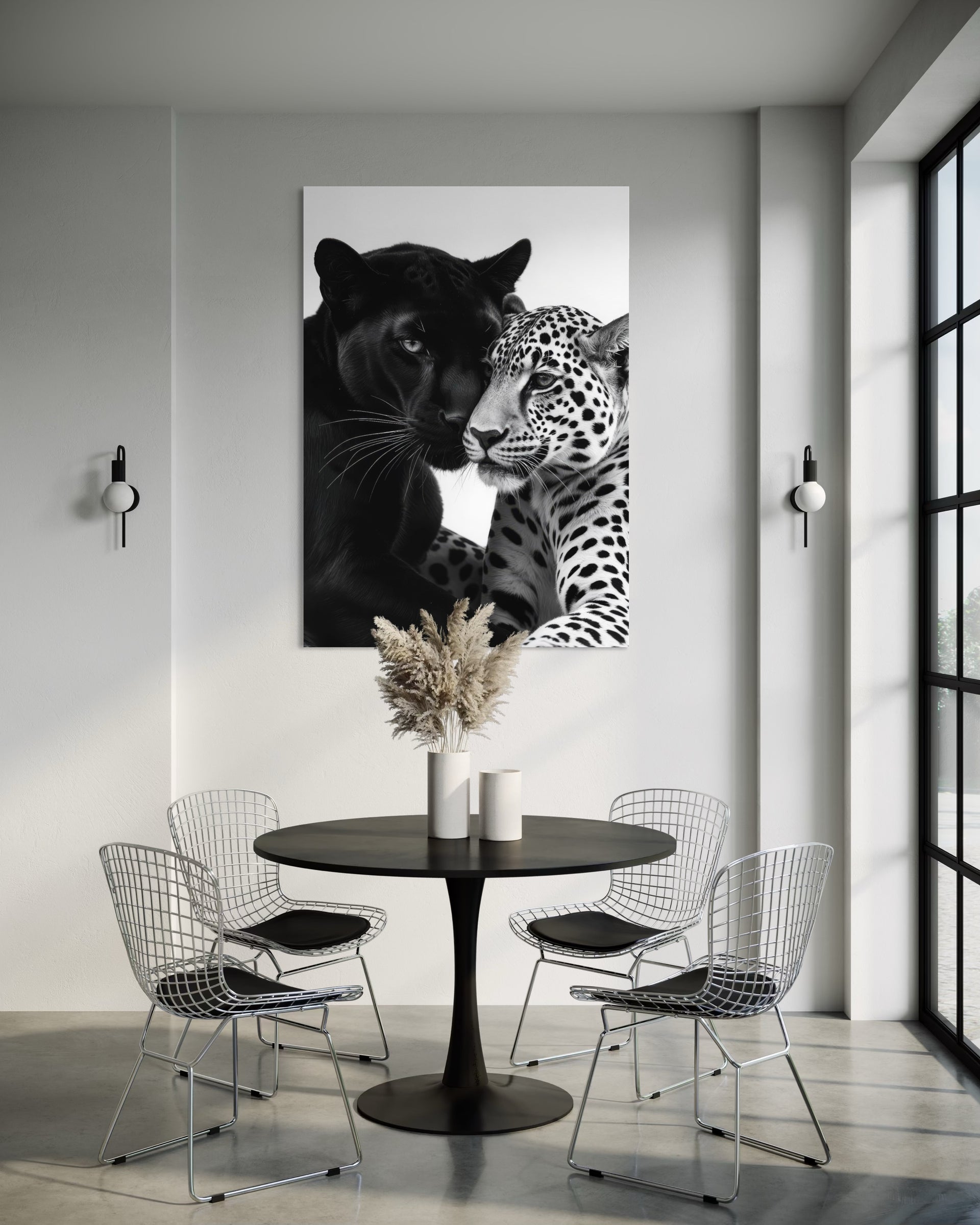 Stampa da parete con cornice di gatto nero e leopardo, stile bianco e nero