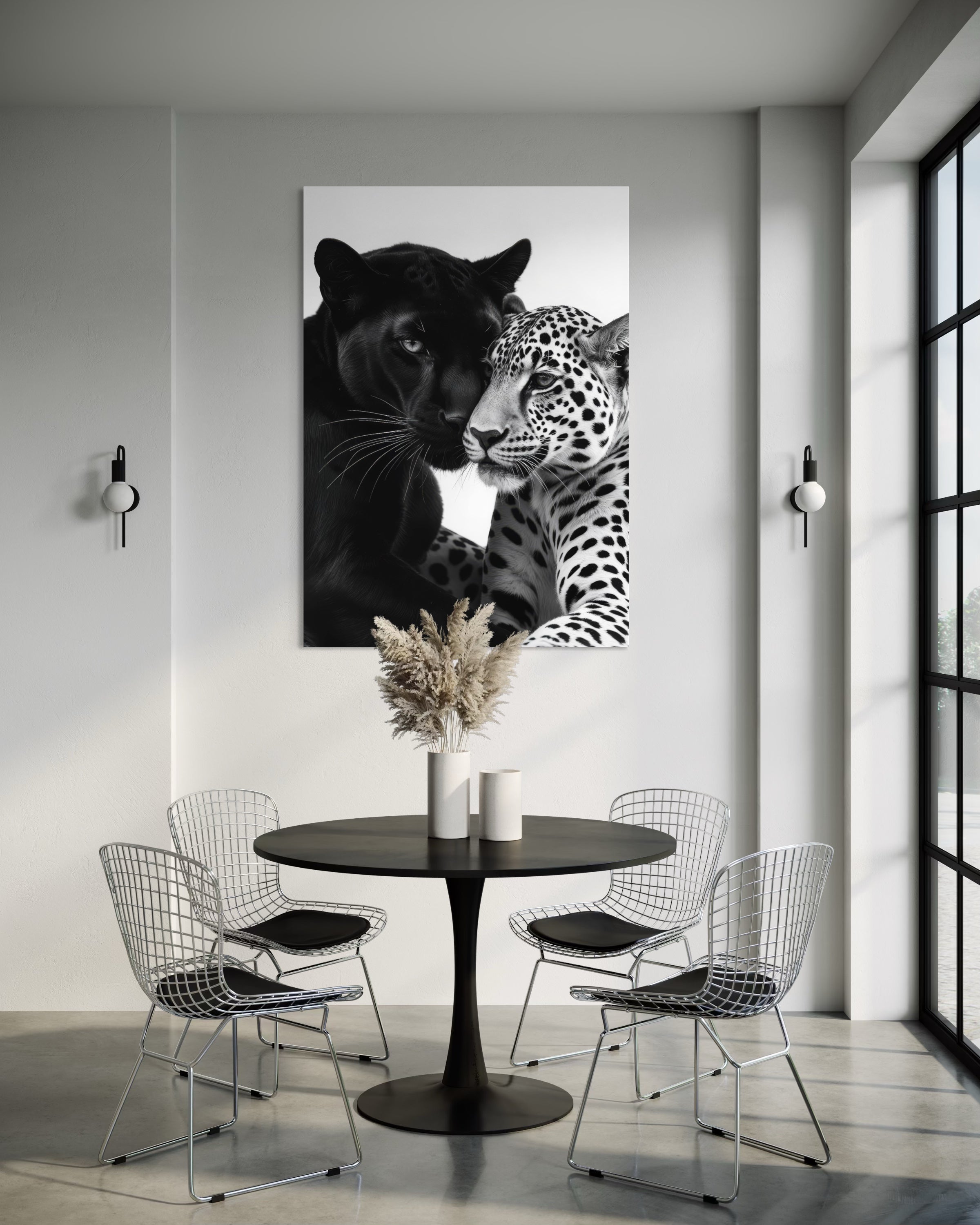 Stampa da parete con cornice di gatto nero e leopardo, stile bianco e nero