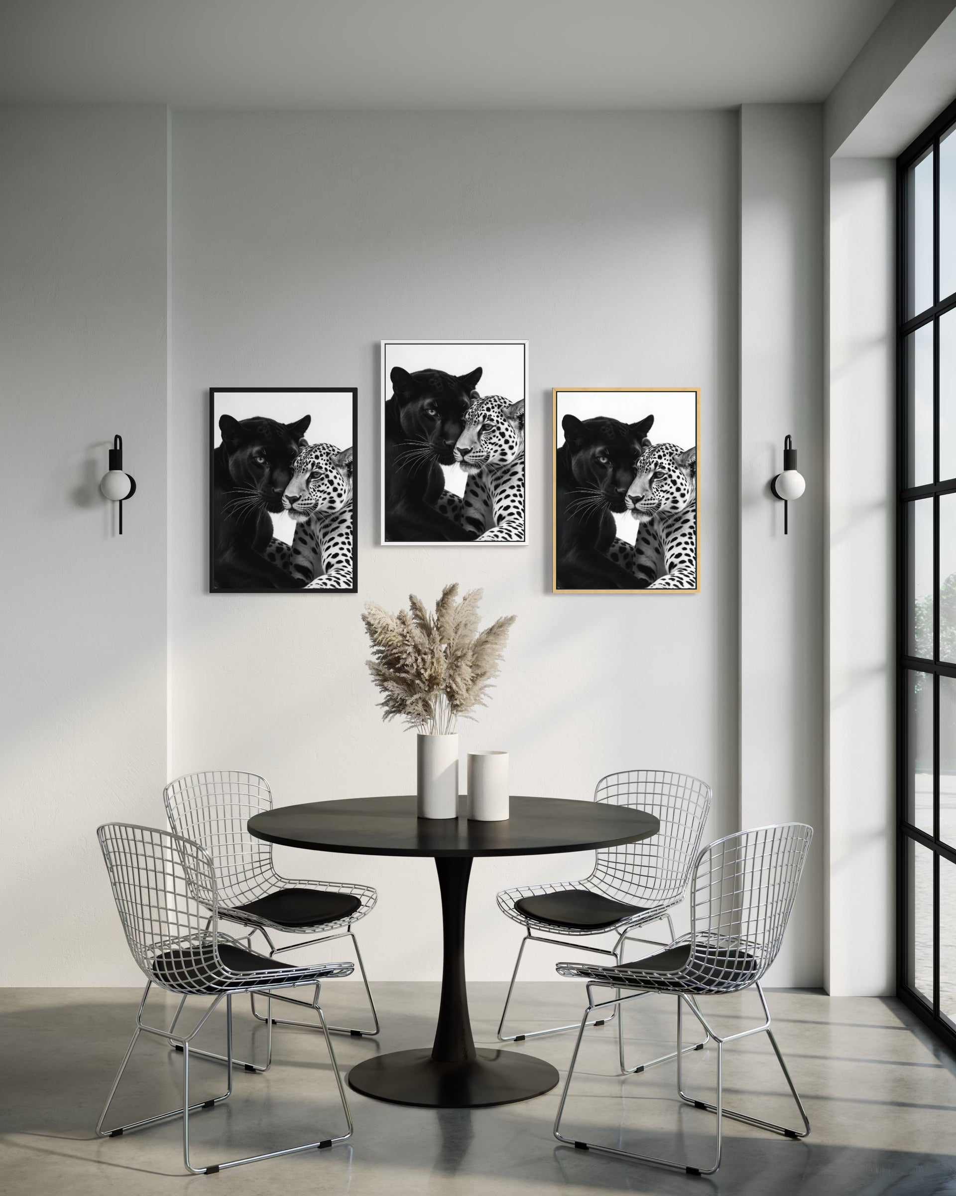 Set di 3 stampe da parete con cornici: gatto nero e leopardo in bianco e nero