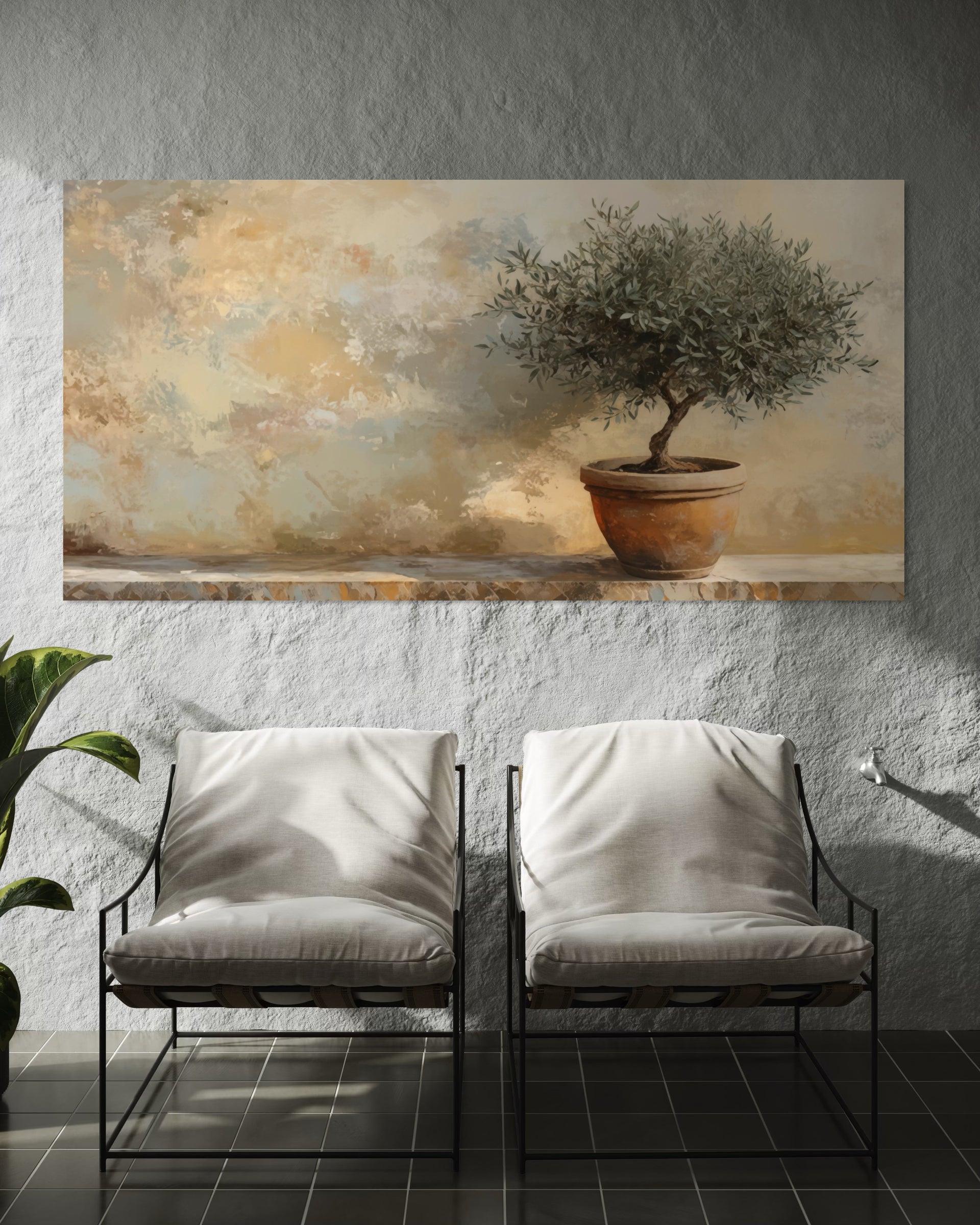 Stampa paesaggio mediterraneo incorniciata orizzontale con albero in vaso e cielo nuvoloso