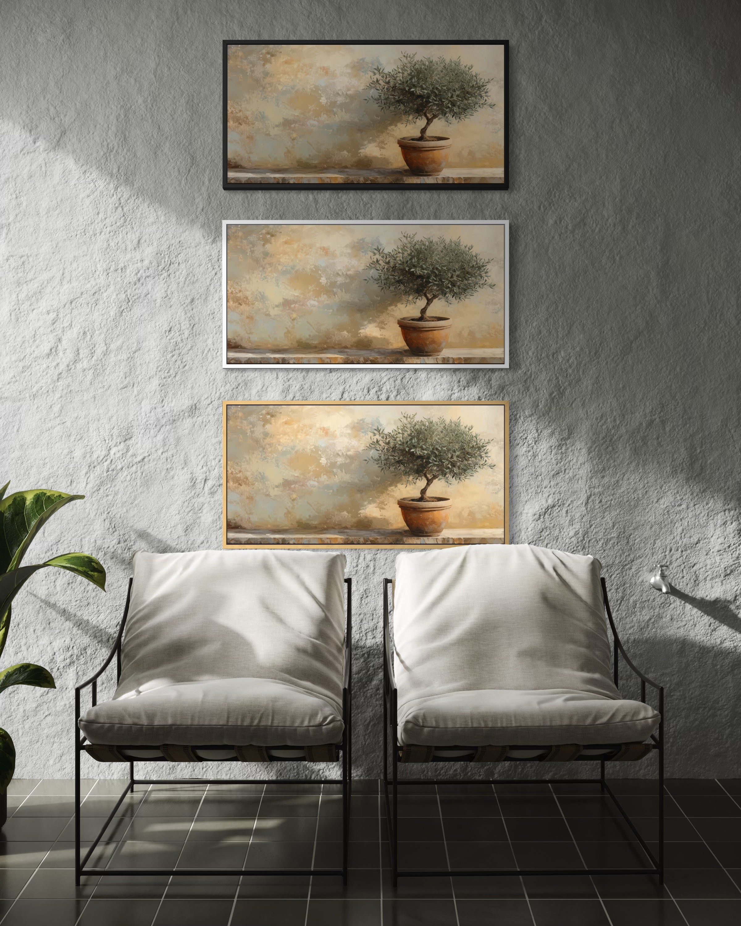 Set di tre stampe paesaggio mediterraneo incorniciate con albero in vaso e cielo nuvoloso