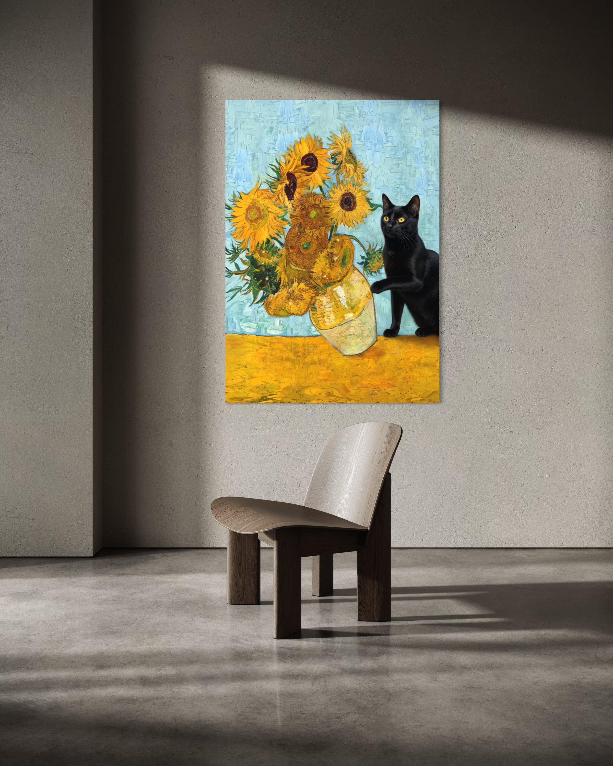 Stampa incorniciata con gatto nero e girasoli in vaso, cornice chiara