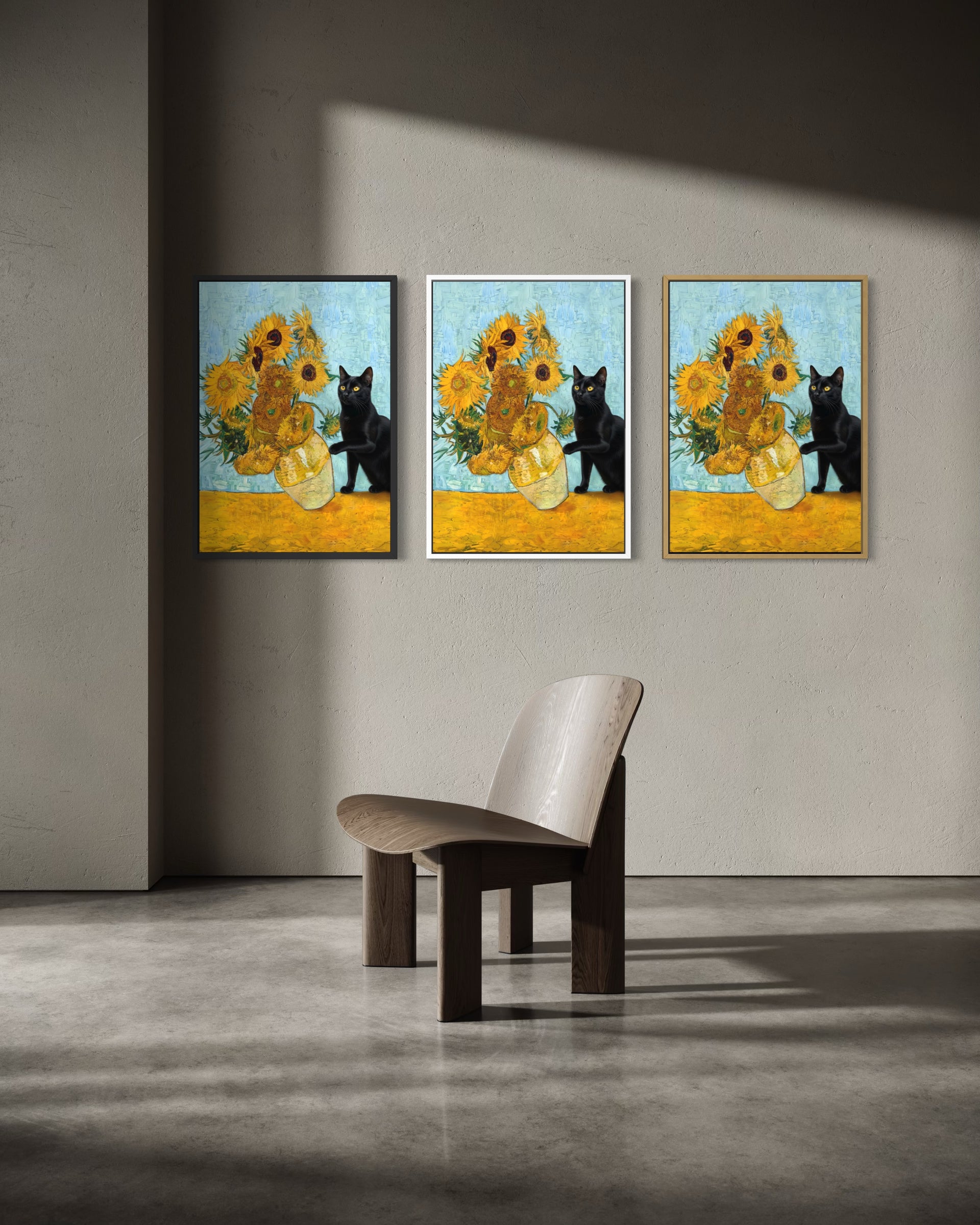 Set di 3 stampe incorniciate con gatto nero e girasoli, cornice chiara