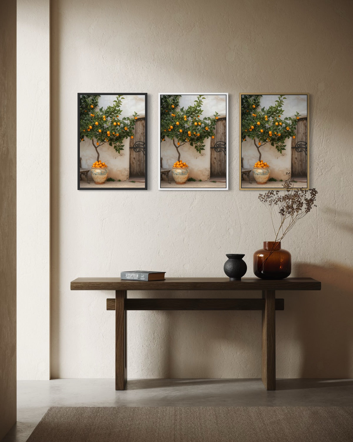 Set di 3 stampe incorniciate con albero di arance in vaso