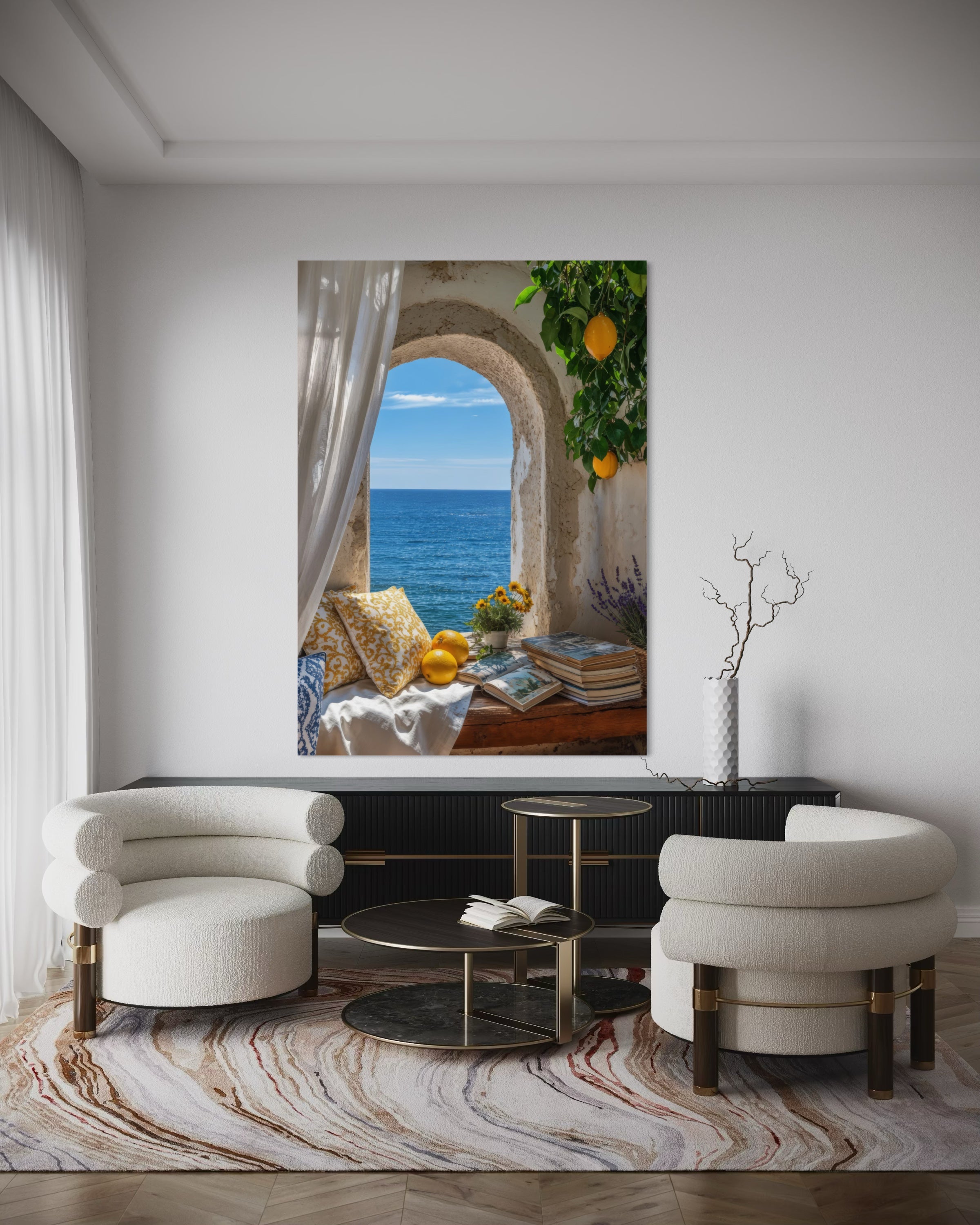 Stampa da parete con cornice scura, paesaggio marino con arco e conchiglie