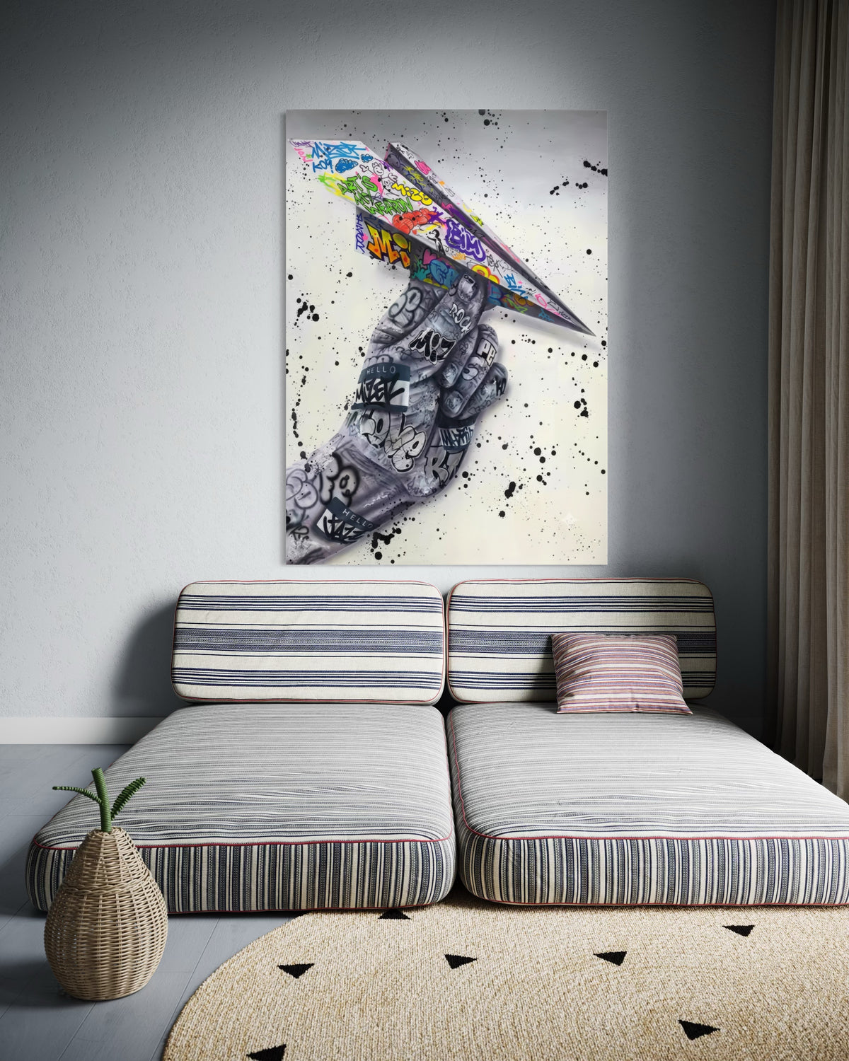 Stampa d'arte Il Volo della Ribellione, quadro incorniciato con figura grigia e diagonale colorata