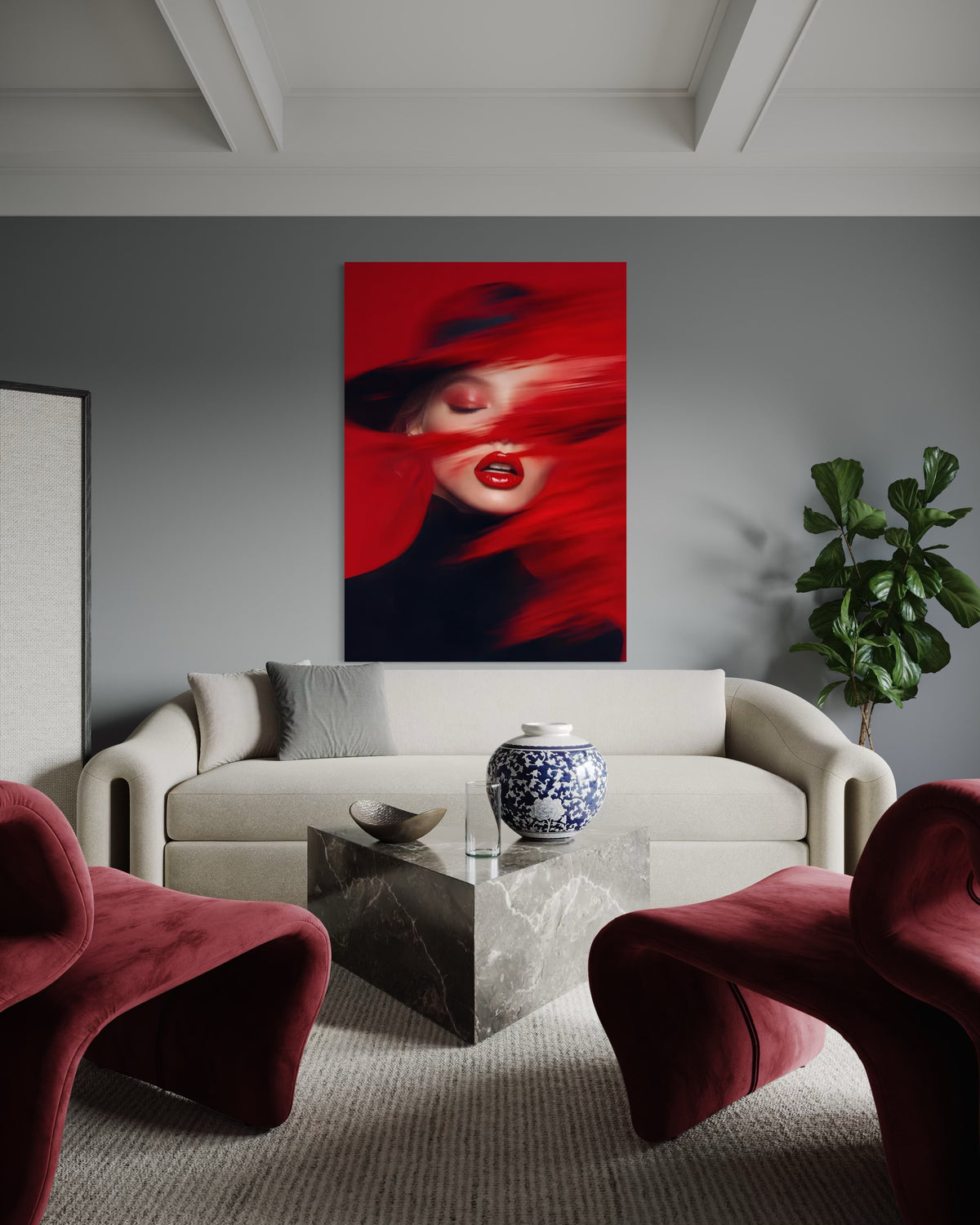 Stampa incorniciata con ritratto femminile rosso e nero, cornice scura