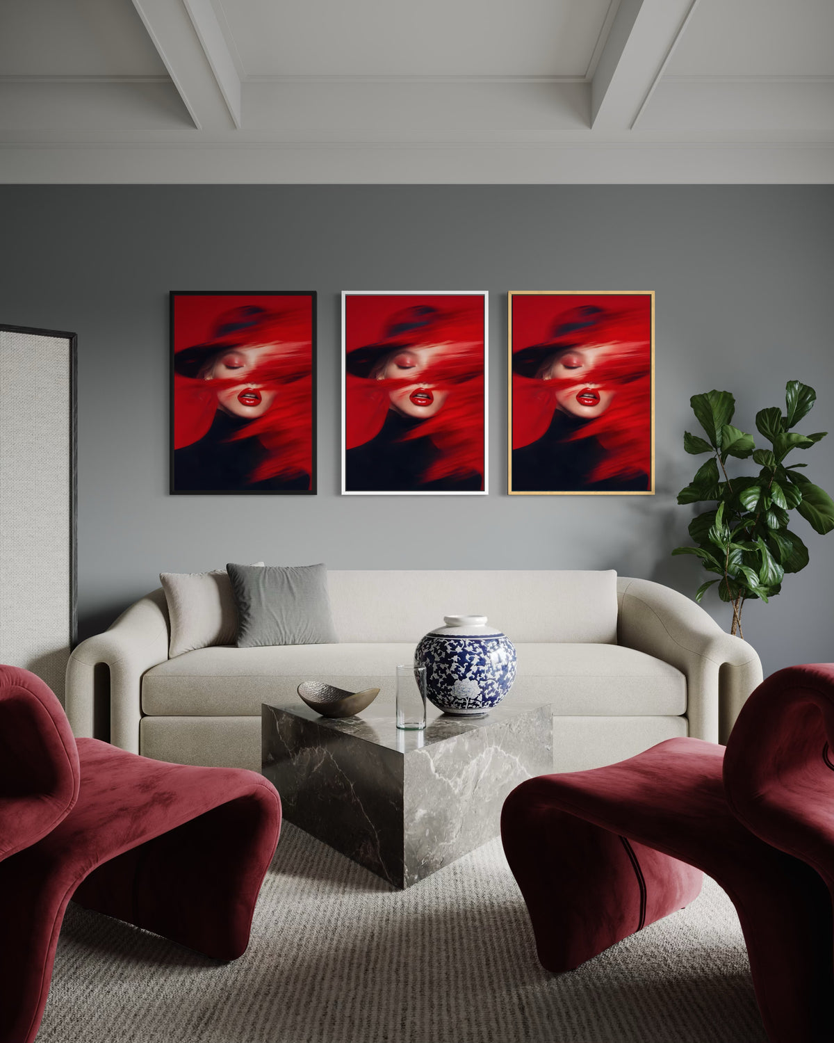 Set di tre stampe incorniciate con ritratto femminile rosso e nero, cornici diverse