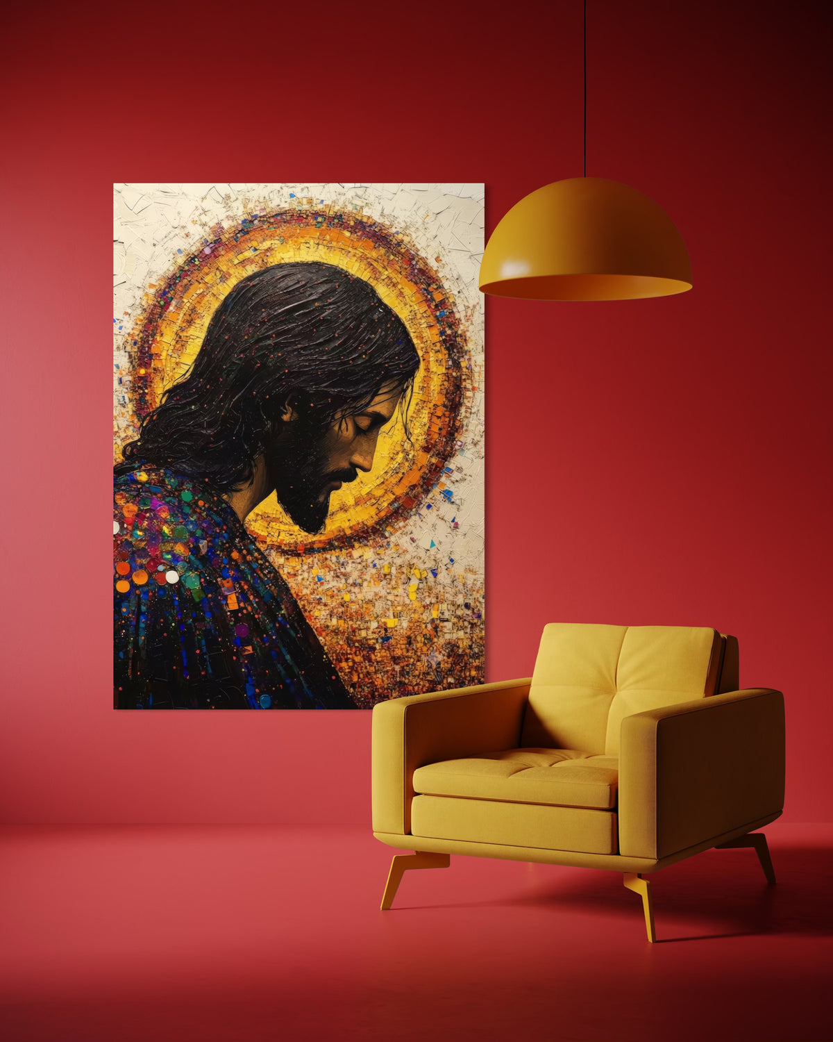 Quadro incorniciato con ritratto in profilo scuro e alone dorato, texture a punti