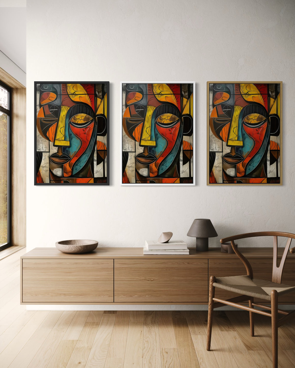 Set di 3 stampe da parete astratte con cornici nere e figure colorate