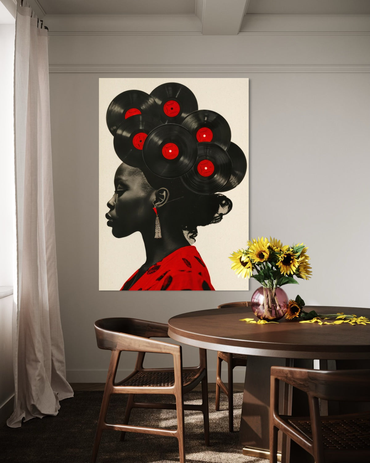 Stampa incorniciata con silhouette di donna e dischi in vinile rossi, cornice chiara