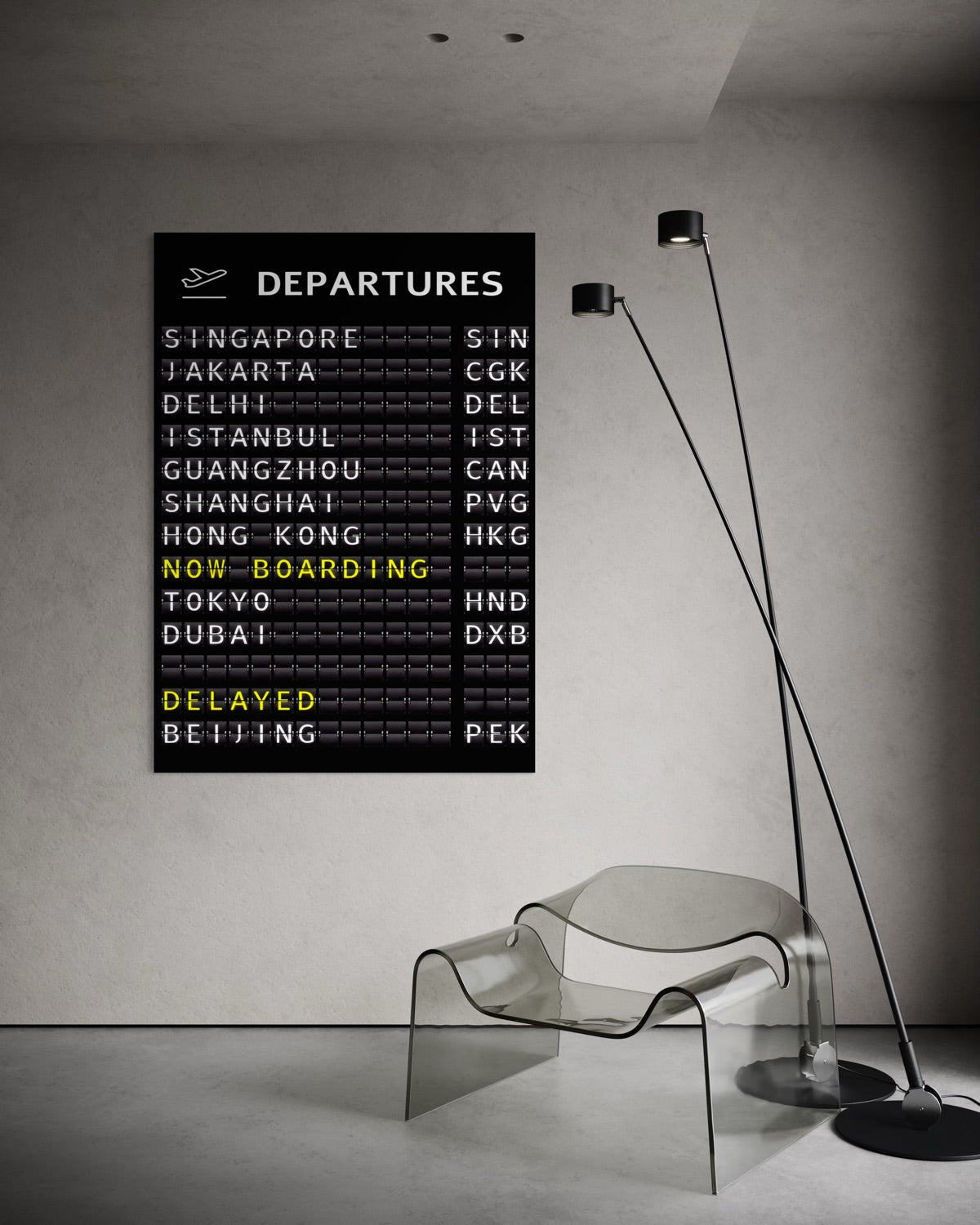 Stampa da parete nera con elenco città “DEPARTURES” e titoli dorati, singola cornice