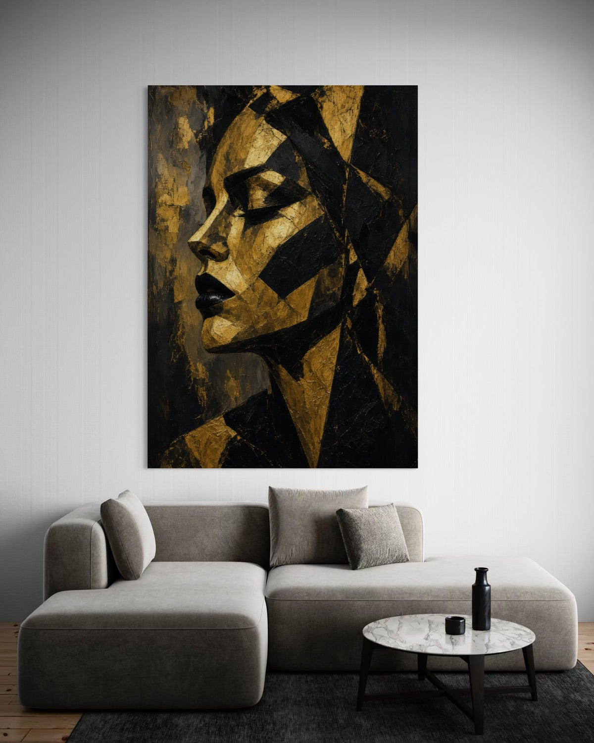 Stampa incorniciata con volto astratto in oro e nero, stile moderno
