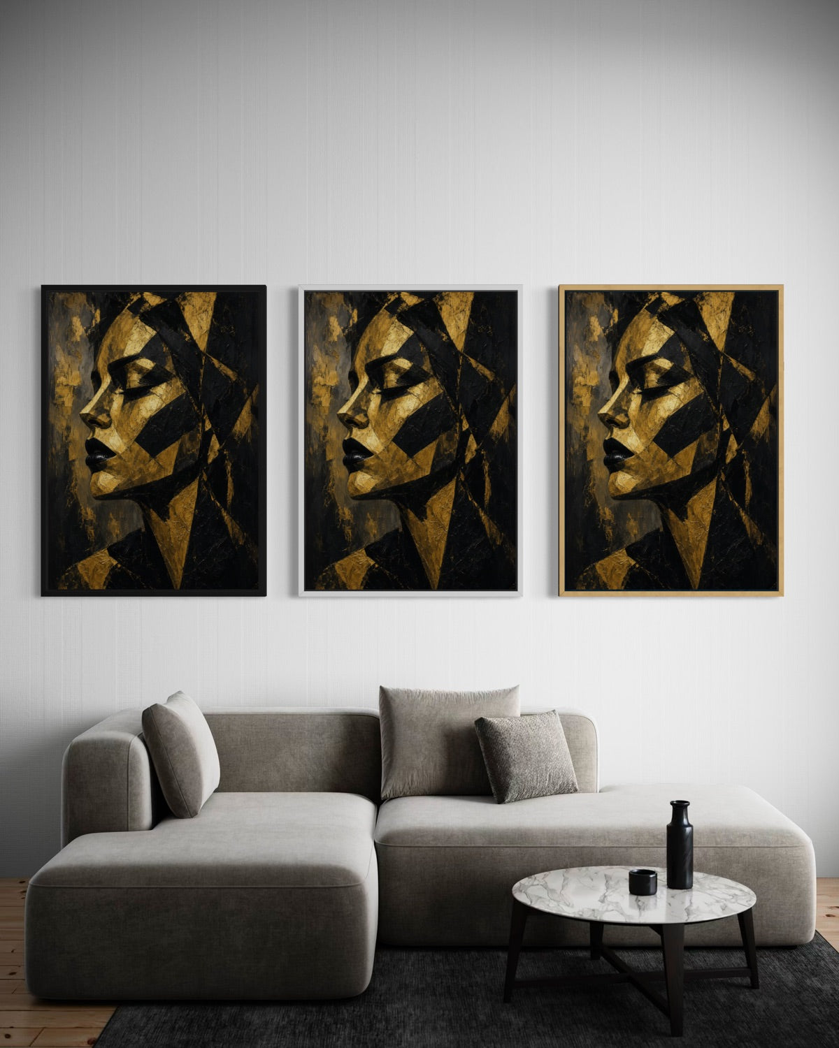 Set di 3 stampe incorniciate con volto astratto in oro e nero, stile moderno