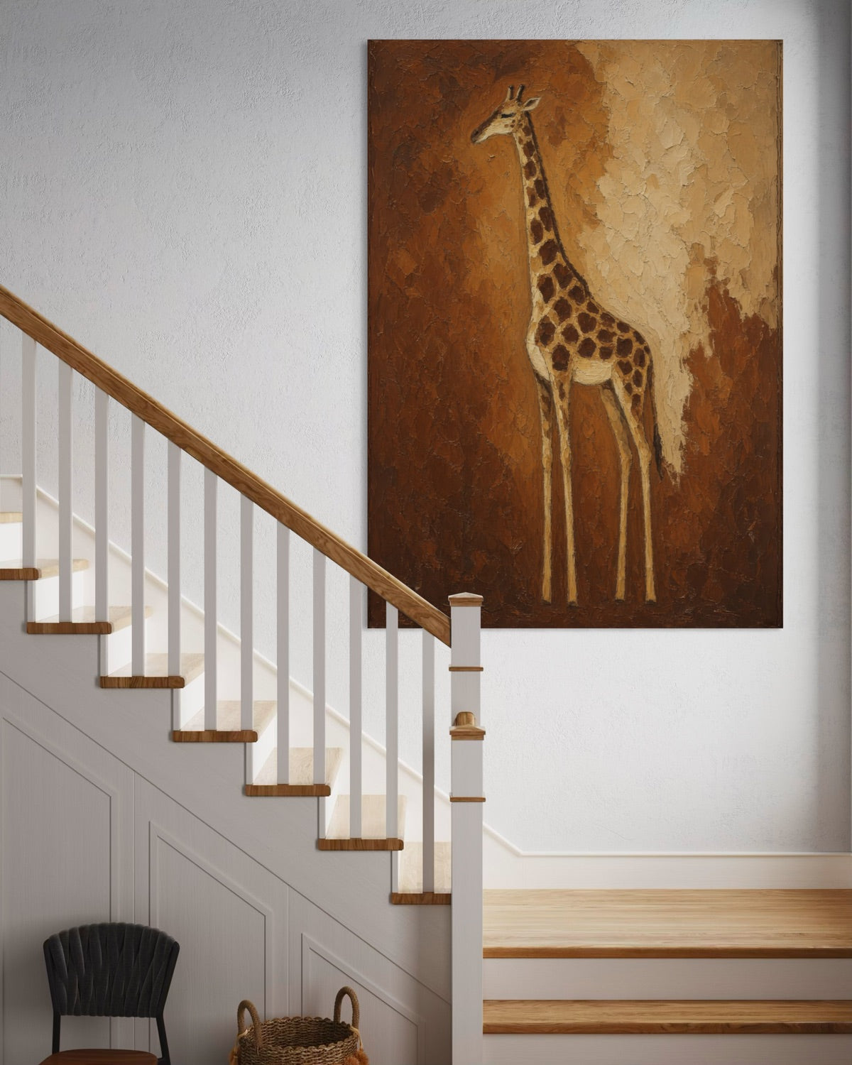 Stampa decorativa con giraffa in cornice nera, toni marroni e beige.