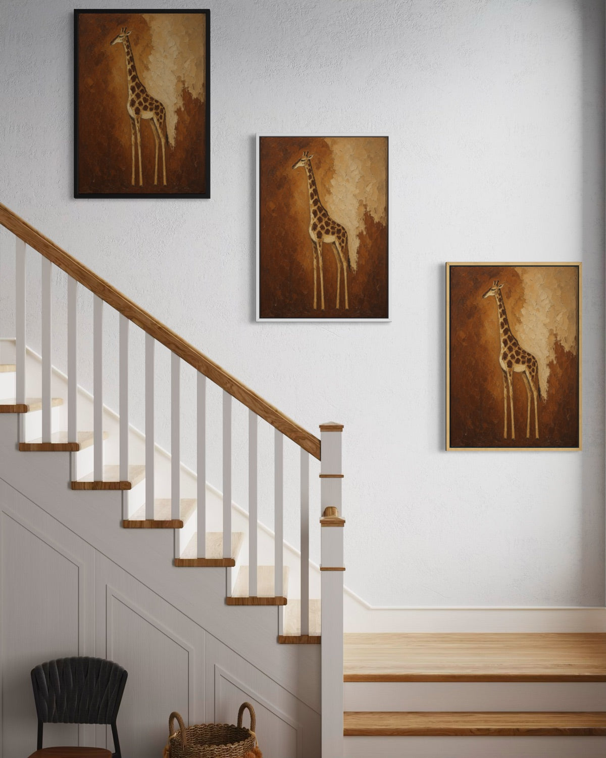 Set di stampe decorative con giraffe in cornici nere, toni marroni e beige su parete.