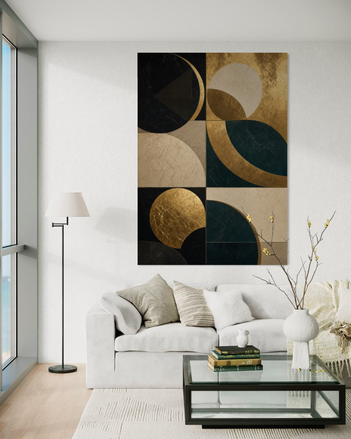 Stampa geometrica incorniciata nera con forme oro, beige e verde scuro