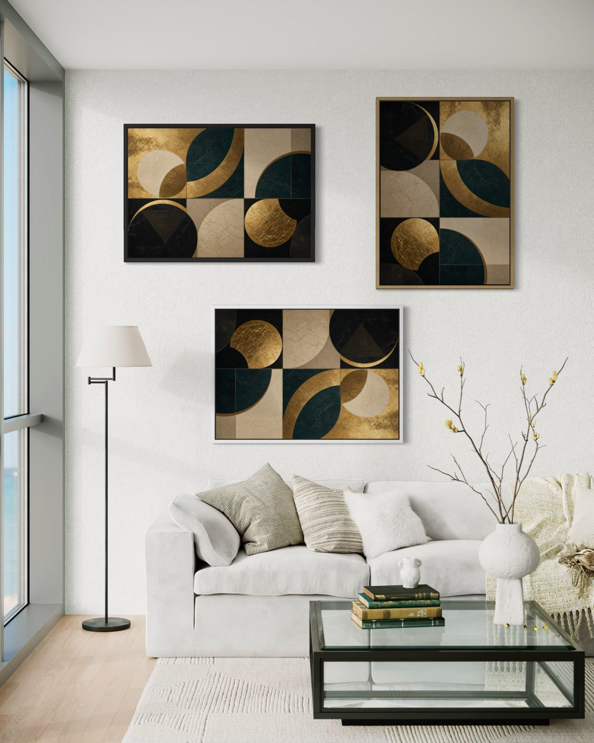 Set di tre stampe geometriche incorniciate nere con motivi oro, beige e verde scuro