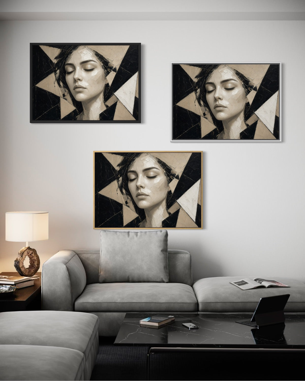 Set di 3 stampe incorniciate con ritratto femminile e motivi geometrici, cornici nera e oro