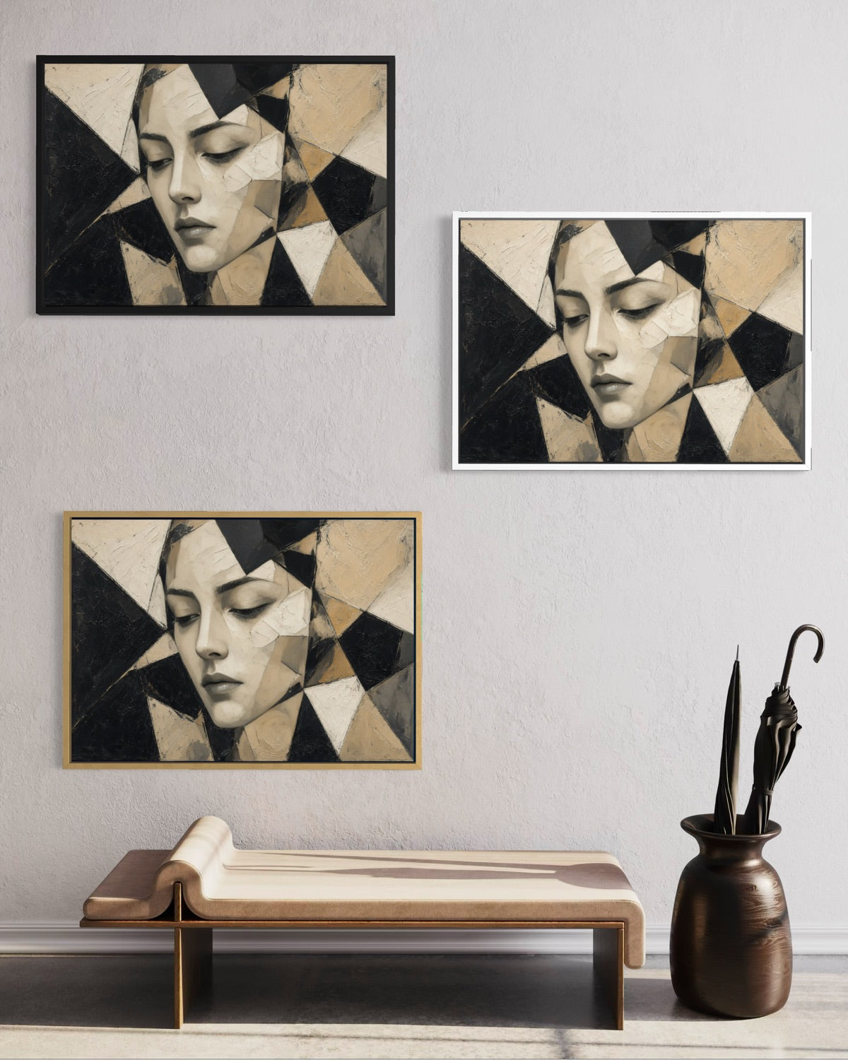 Set di 3 stampe incorniciate ritratto astratto geometrico, cornici nere e chiare