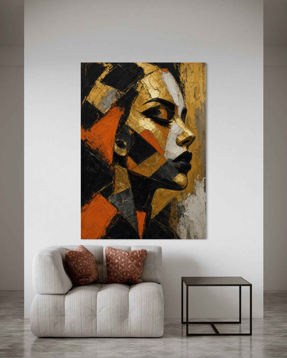 Stampa d’arte incorniciata con volto astratto, colori nero, oro e arancione