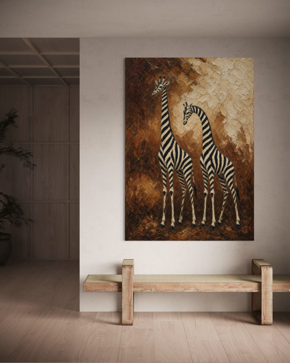 Stampa incorniciata con zebre e giraffa, toni caldi marrone e oro