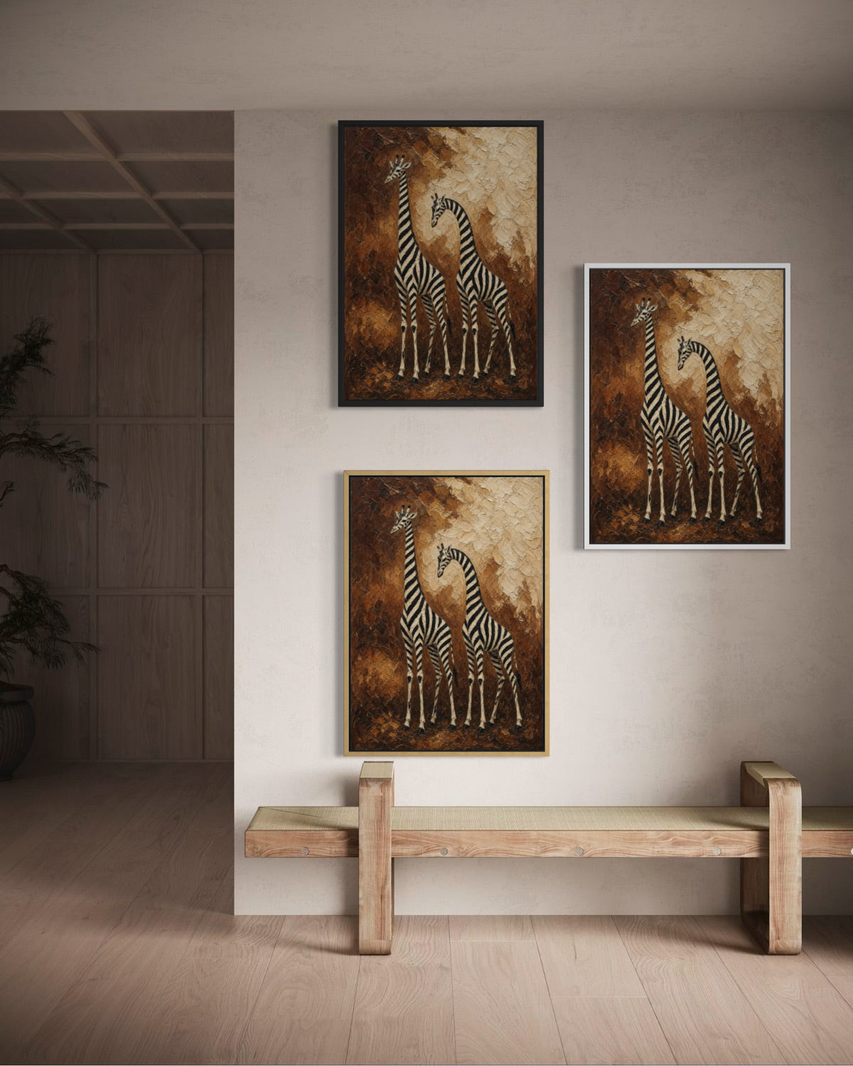 Set di 3 stampe incorniciate con zebre e giraffa, toni caldi marrone e oro