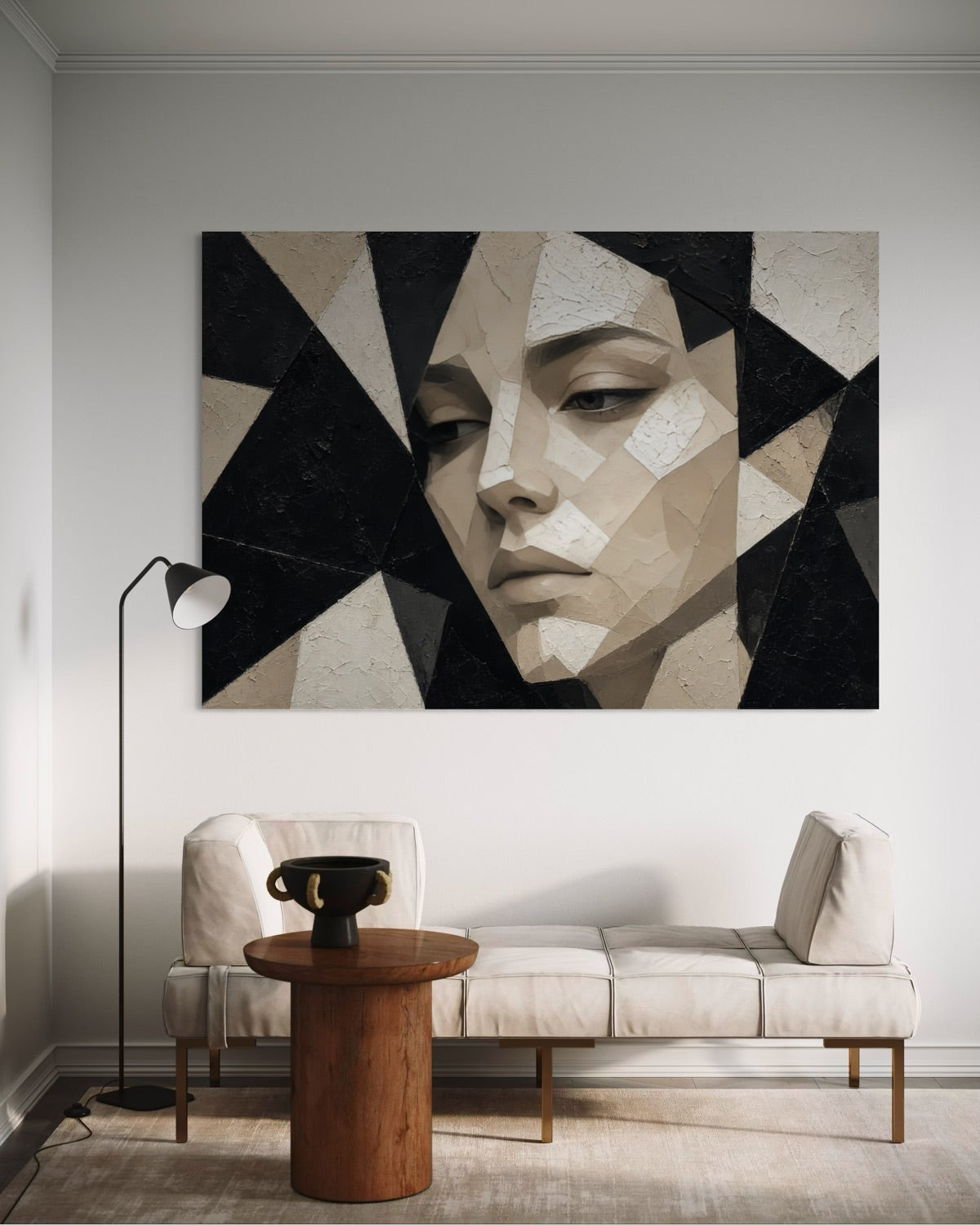 Quadro con ritratto geometrico nero e bianco, cornice nera