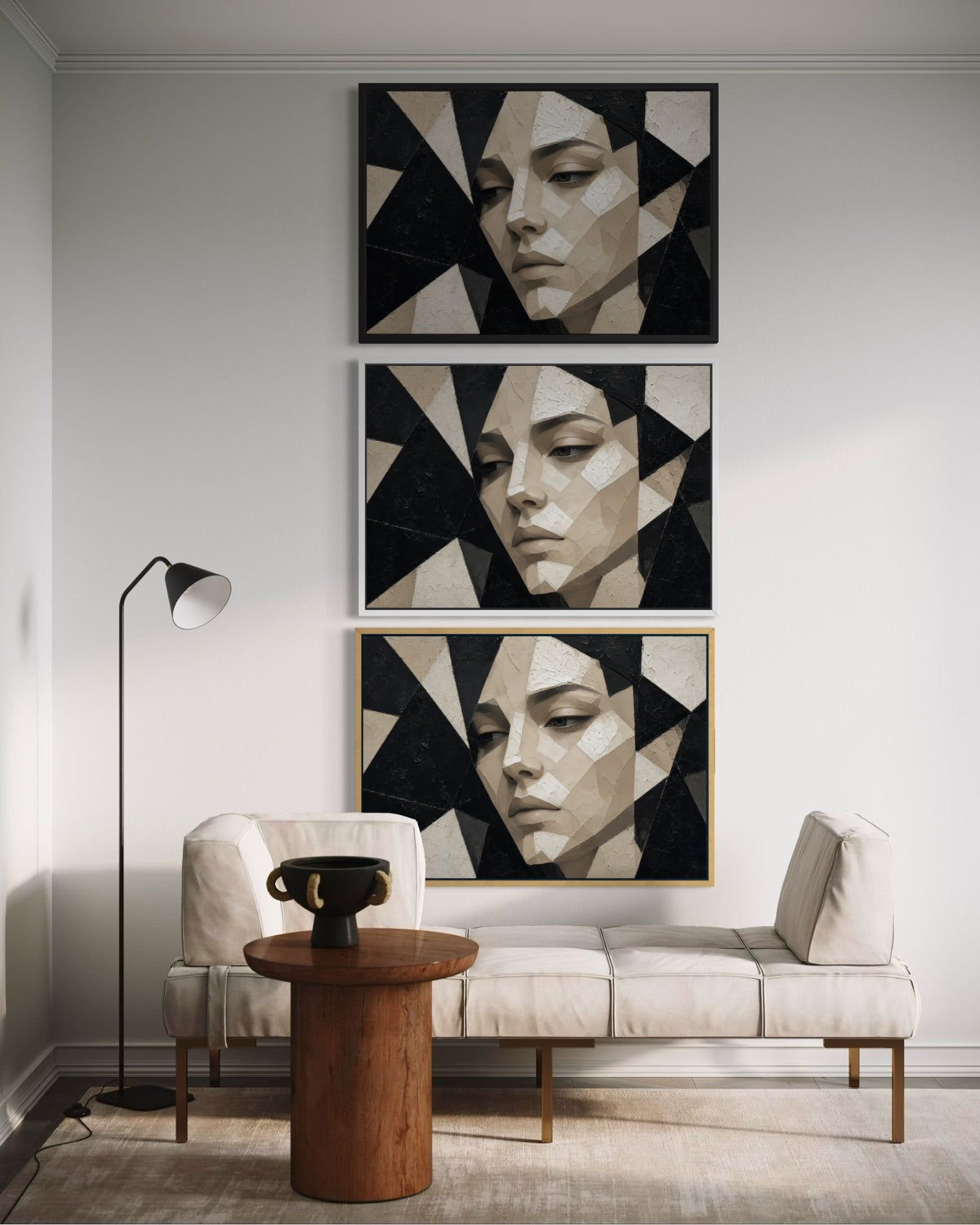 Set di 3 quadri con ritratto geometrico nero e bianco, cornici nere e dorate