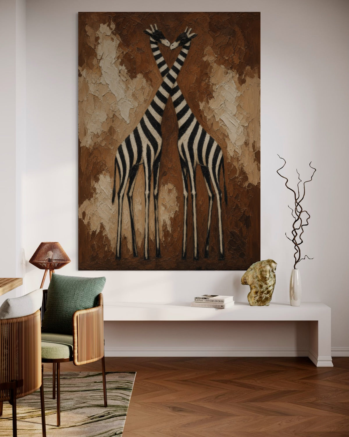 Stampa incorniciata con due figure a righe nere e beige su sfondo marrone, cornice scura