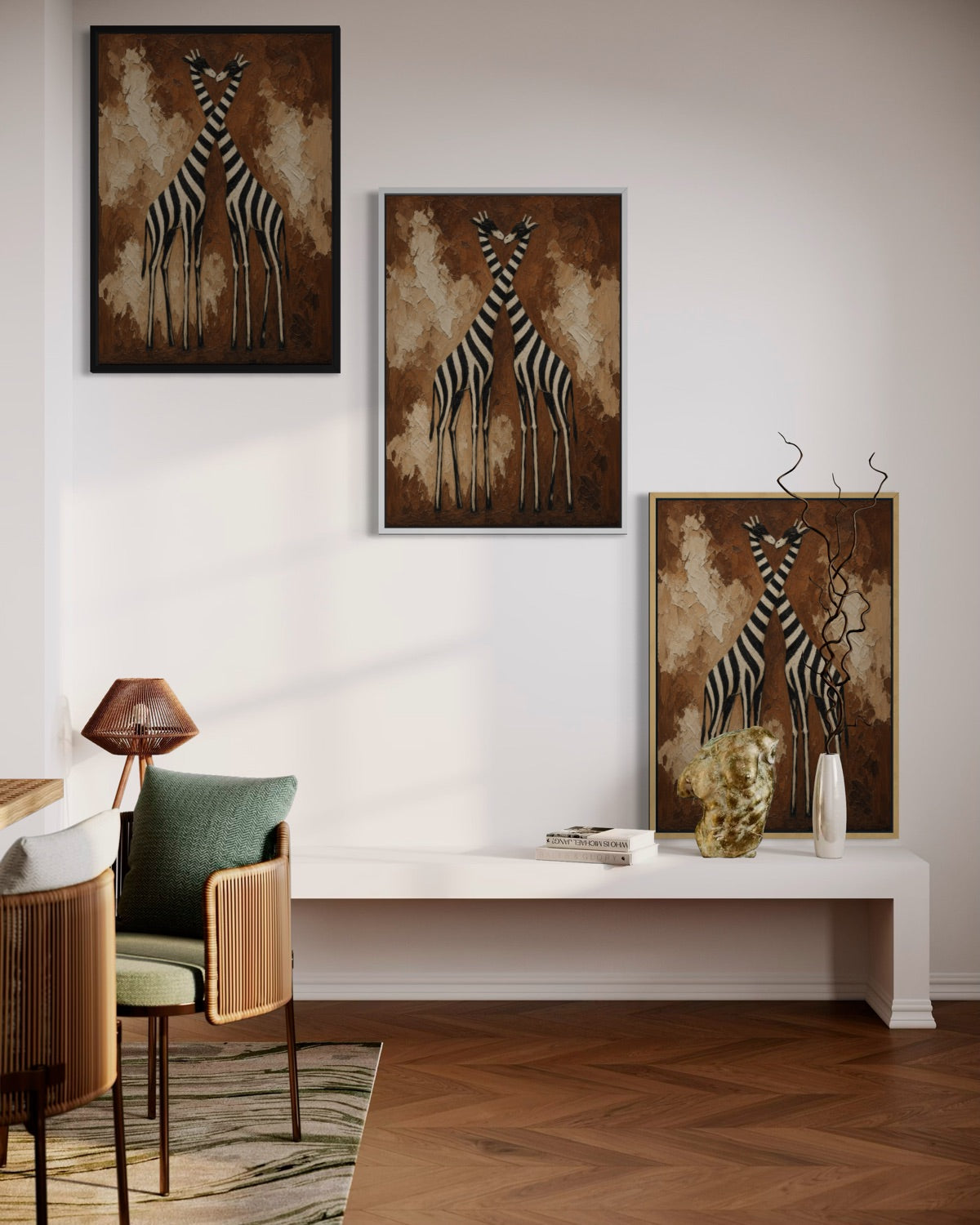 Set di tre stampe incorniciate con due figure a righe nere e beige su sfondo marrone