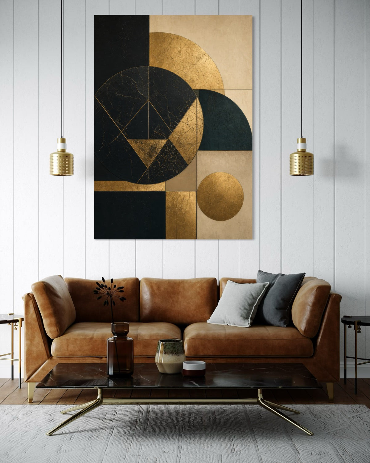 Quadro astratto geometrico in cornice nera con forme scure e dorate su sfondo chiaro