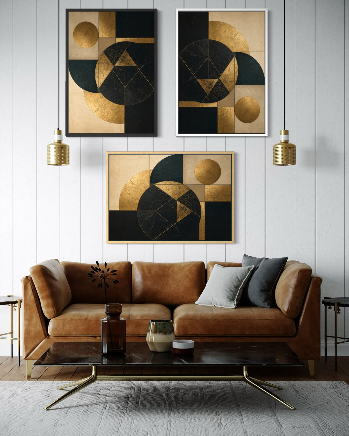 Set di 3 quadri astratti geometrici con cornici nere e dettagli dorati