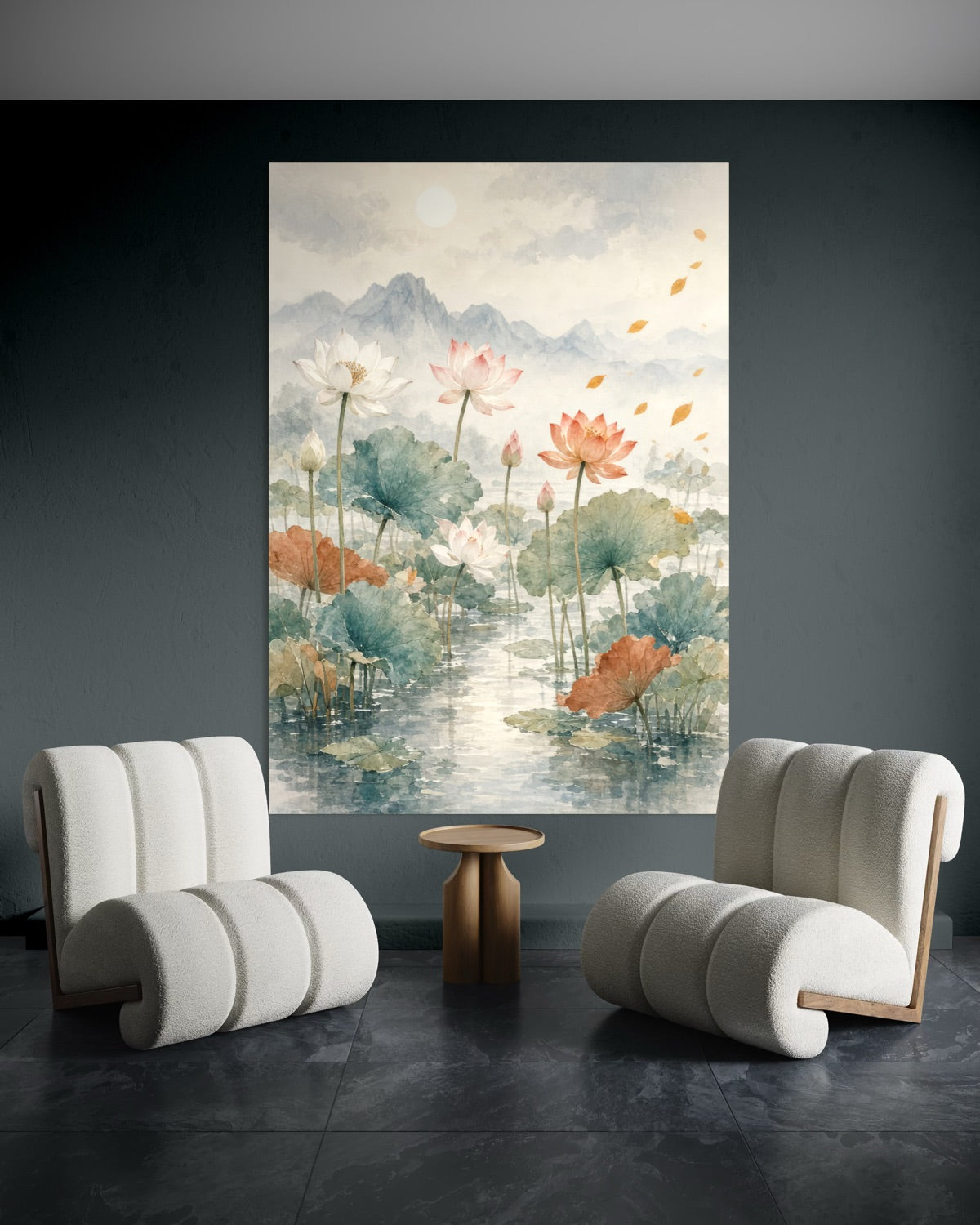 Stampa incorniciata con fiori di loto e paesaggio acquatico, un’unica grande cornice