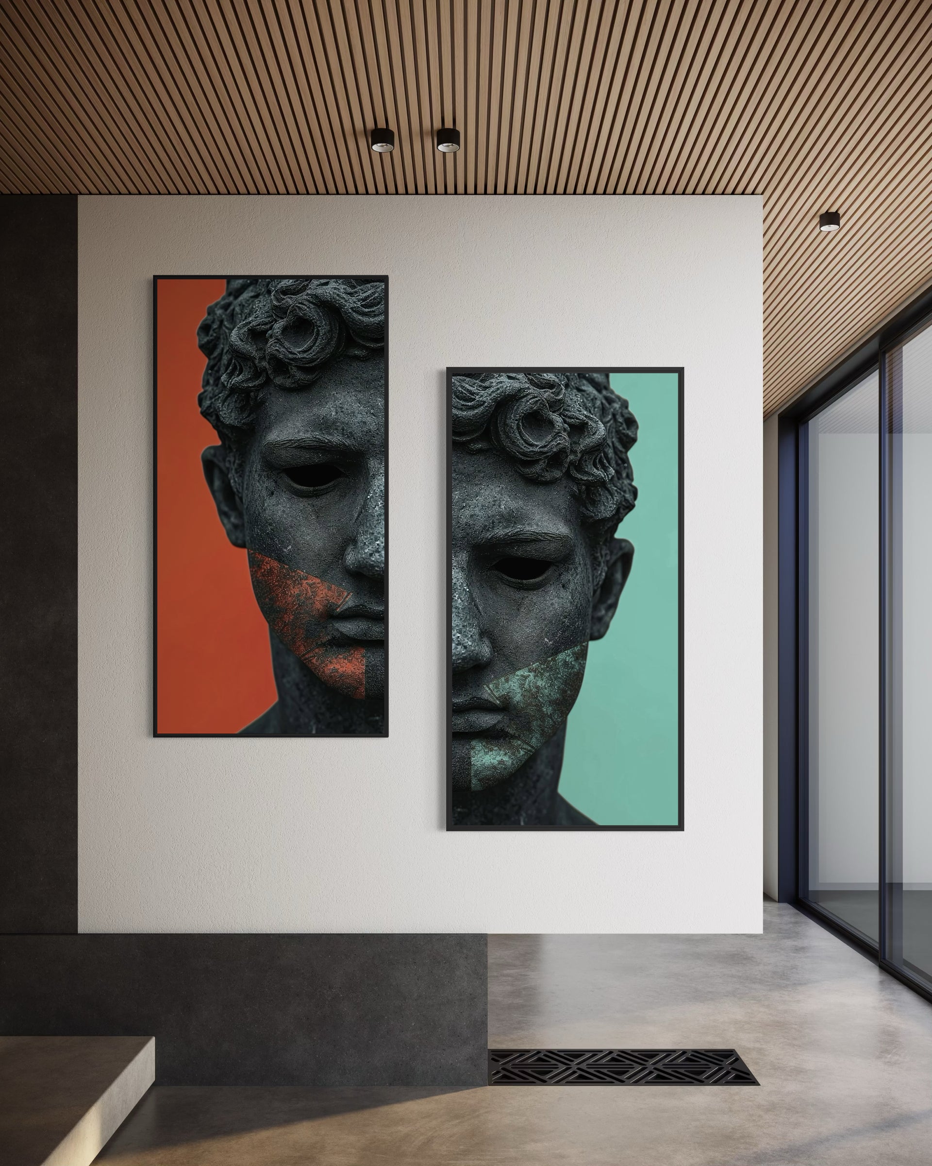 Set Statua Elegant, 2 stampe verticali volto scultoreo: arancione e azzurro