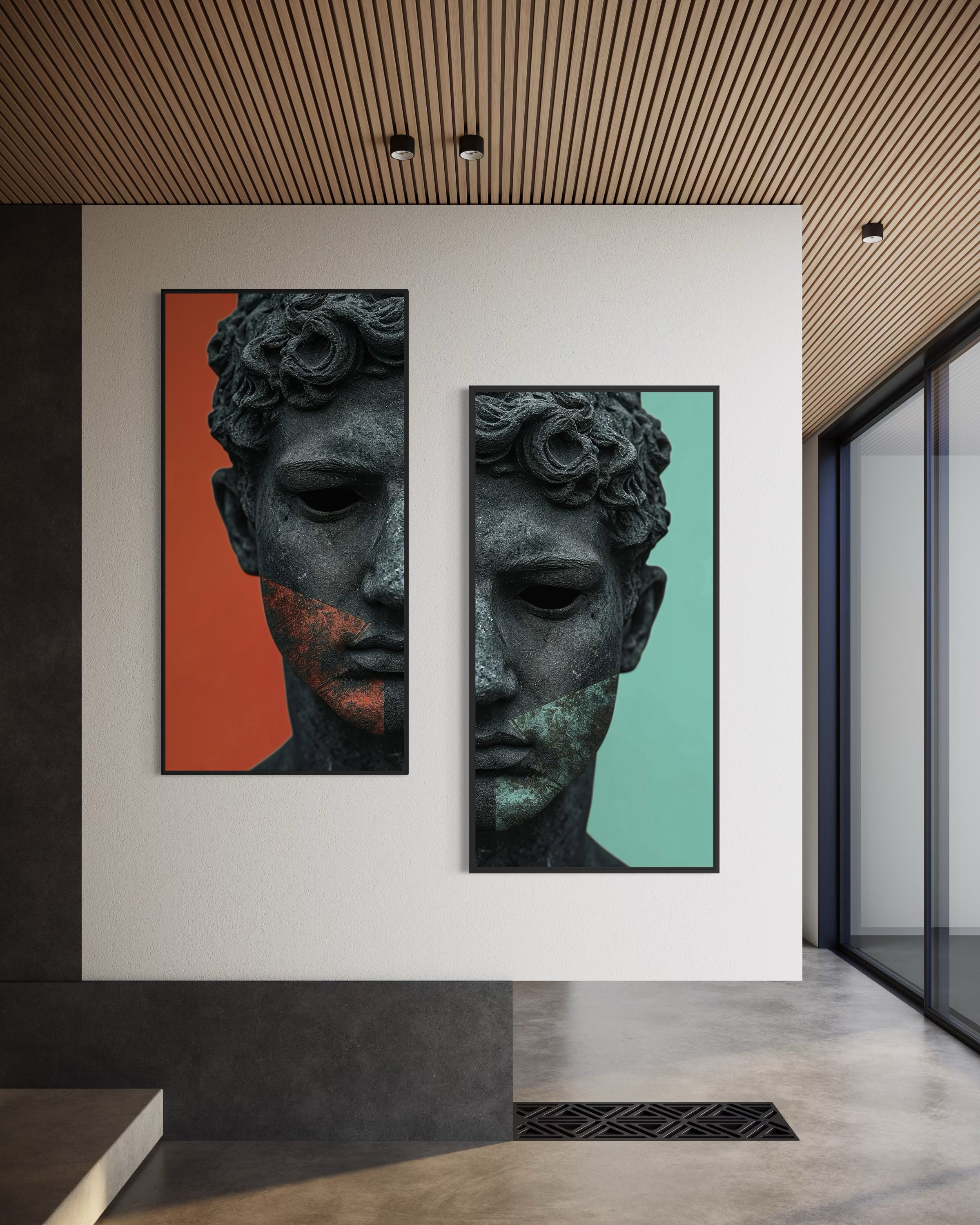 Set di 2 stampe con busto di statua nero, sfondi arancione e verde acqua