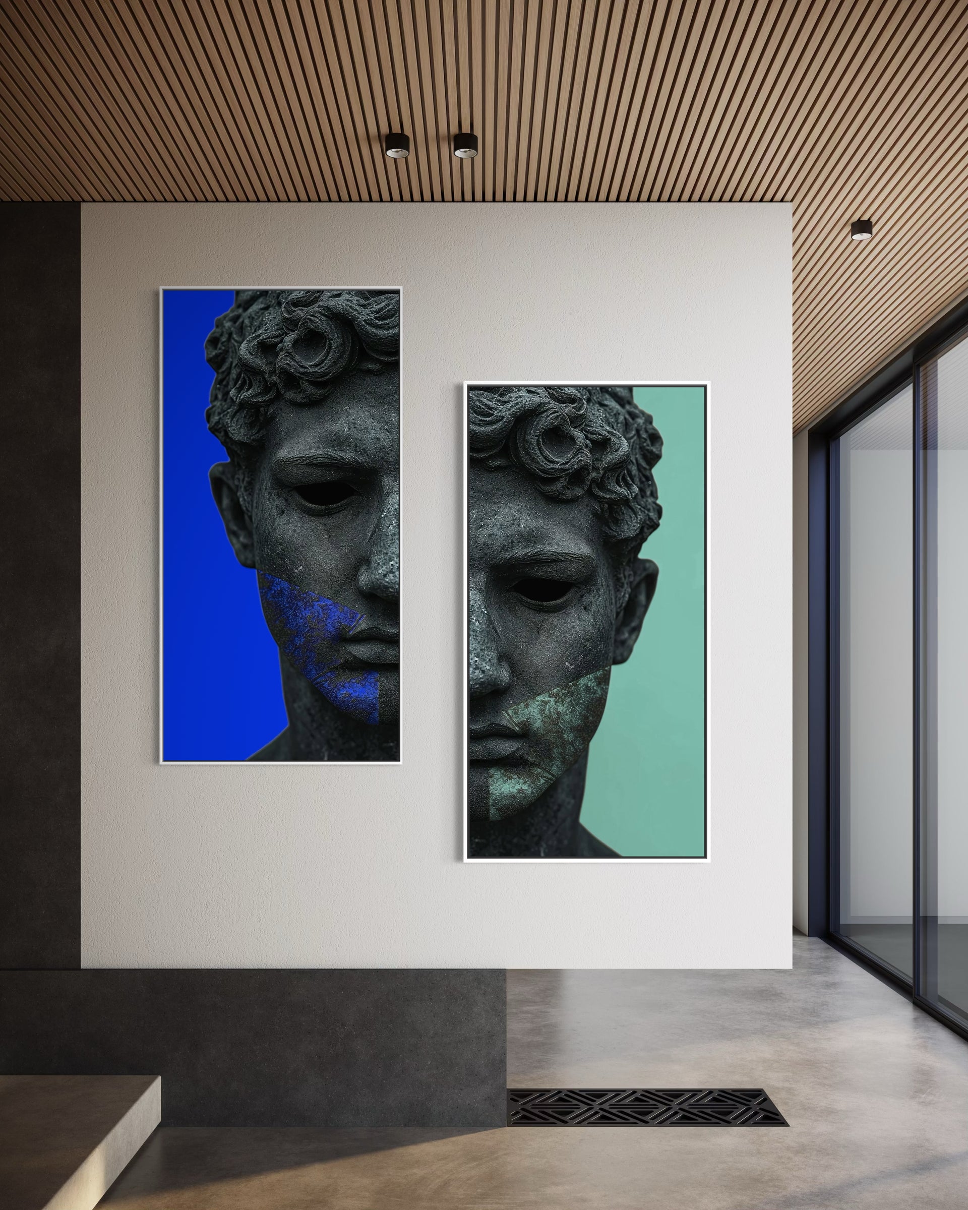 Set Statua Elegant, 2 stampe verticali volto scultoreo: blu e azzurro