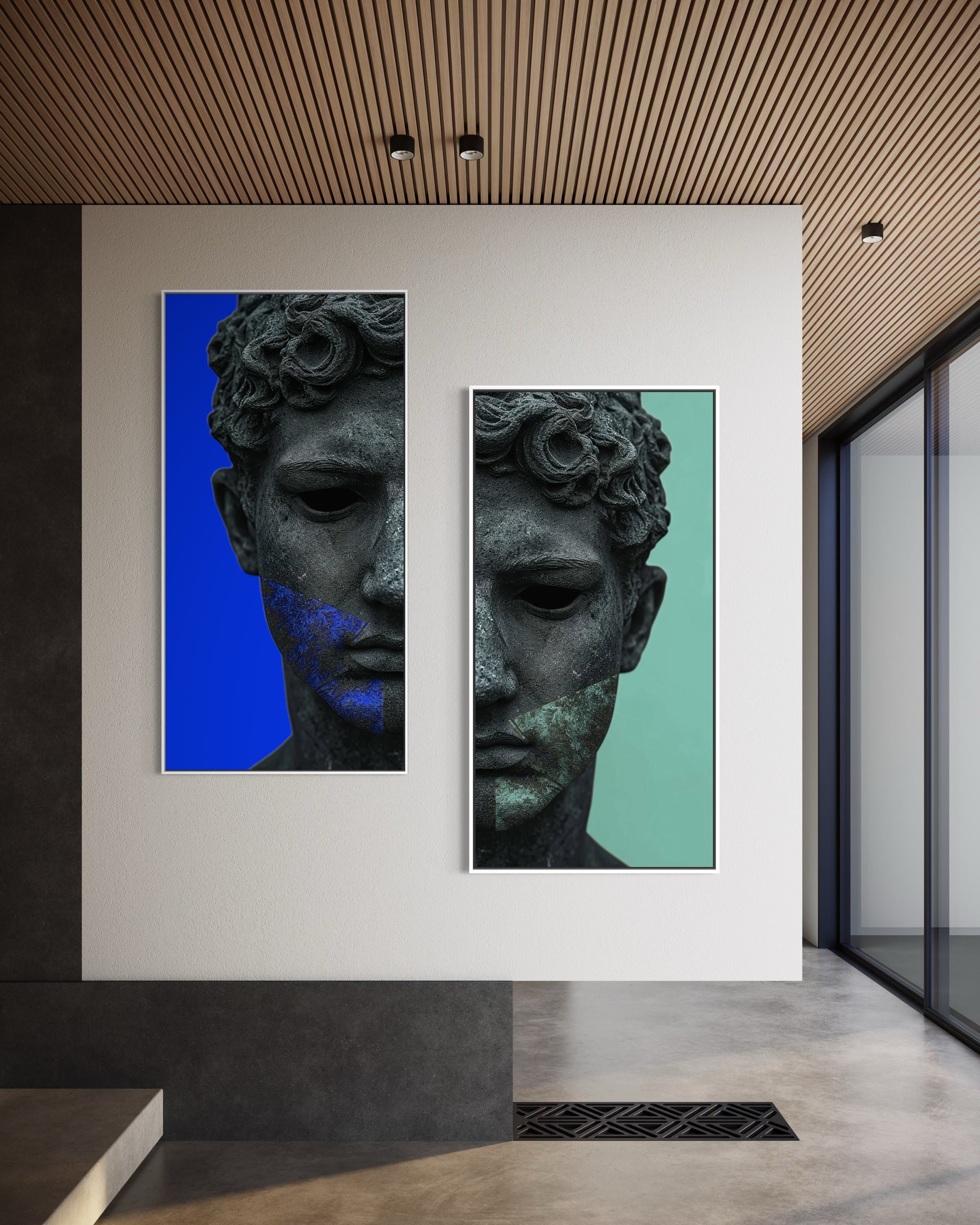 Set di 2 stampe con busto di statua nero, sfondi blu e verde acqua