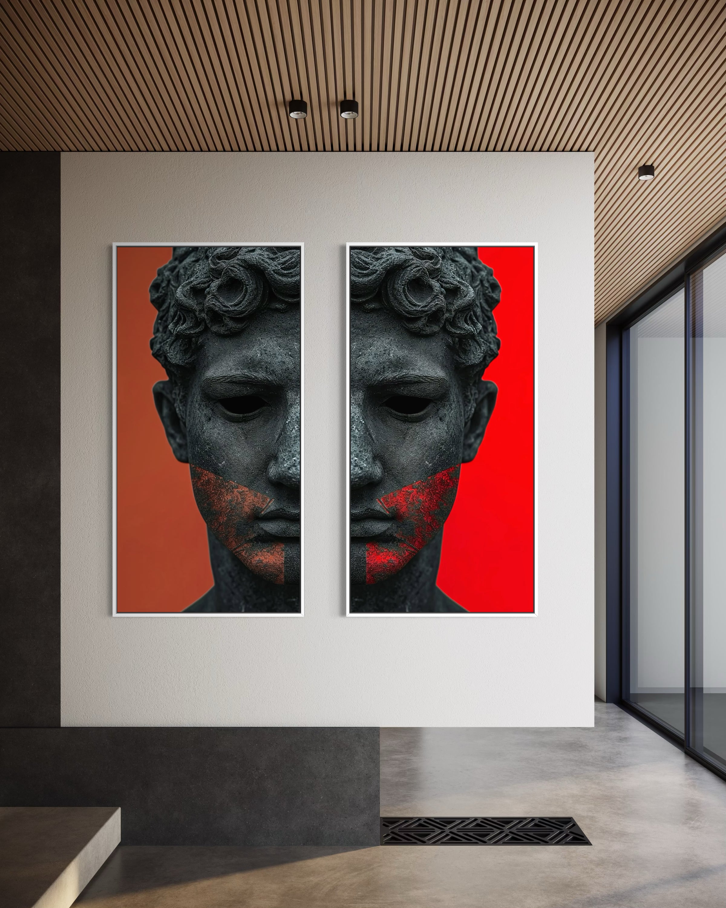 Set di 2 stampe con busto di statua nero, sfondi arancione e rosso