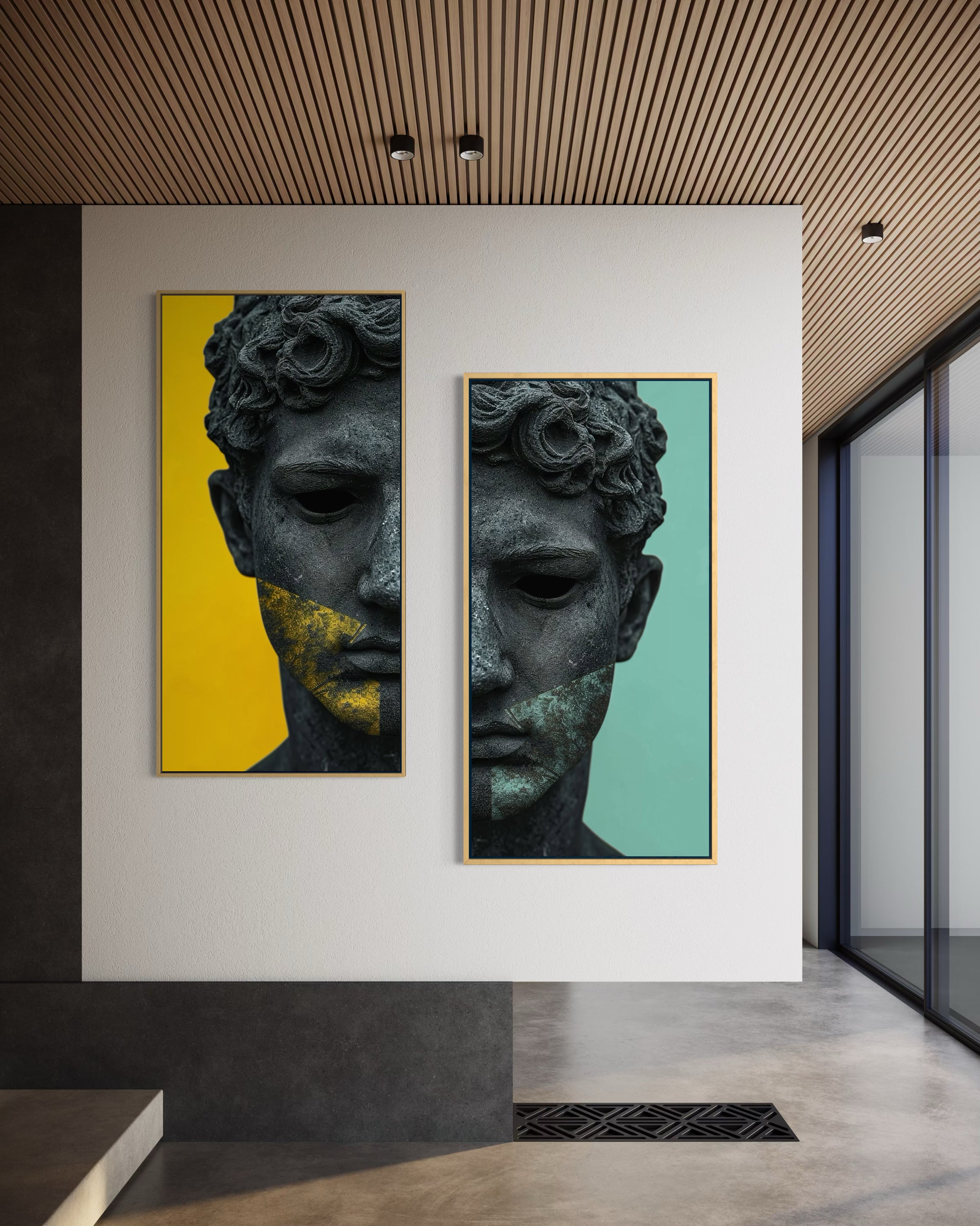 Set di 2 stampe con busto di statua nero, sfondi giallo e verde acqua